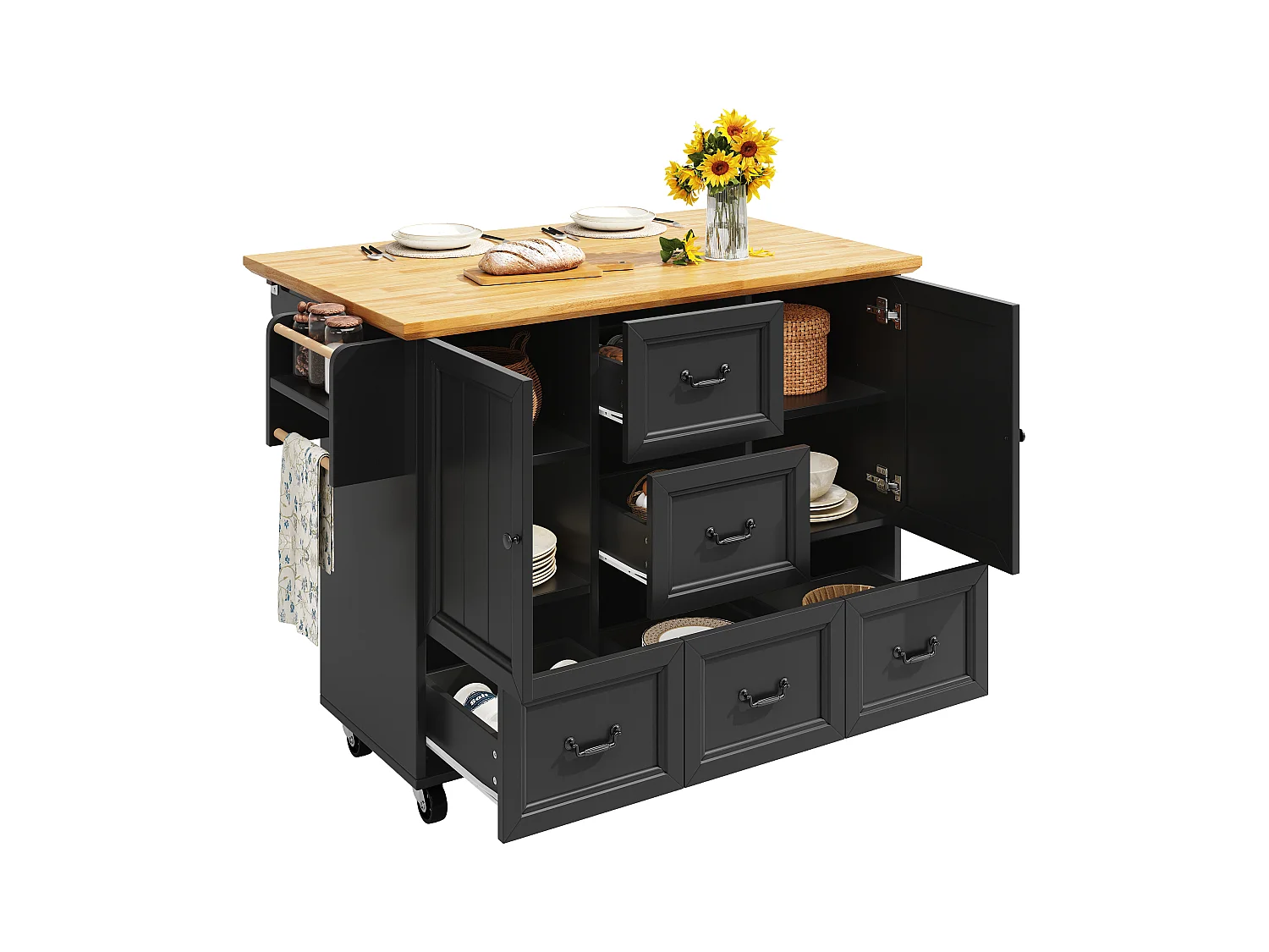 Îlot central extensible à roulettes - 120 x 73(45)x 93 cm - avec étagères + 2 portes + 3 tiroirs - MDF + métal - noir