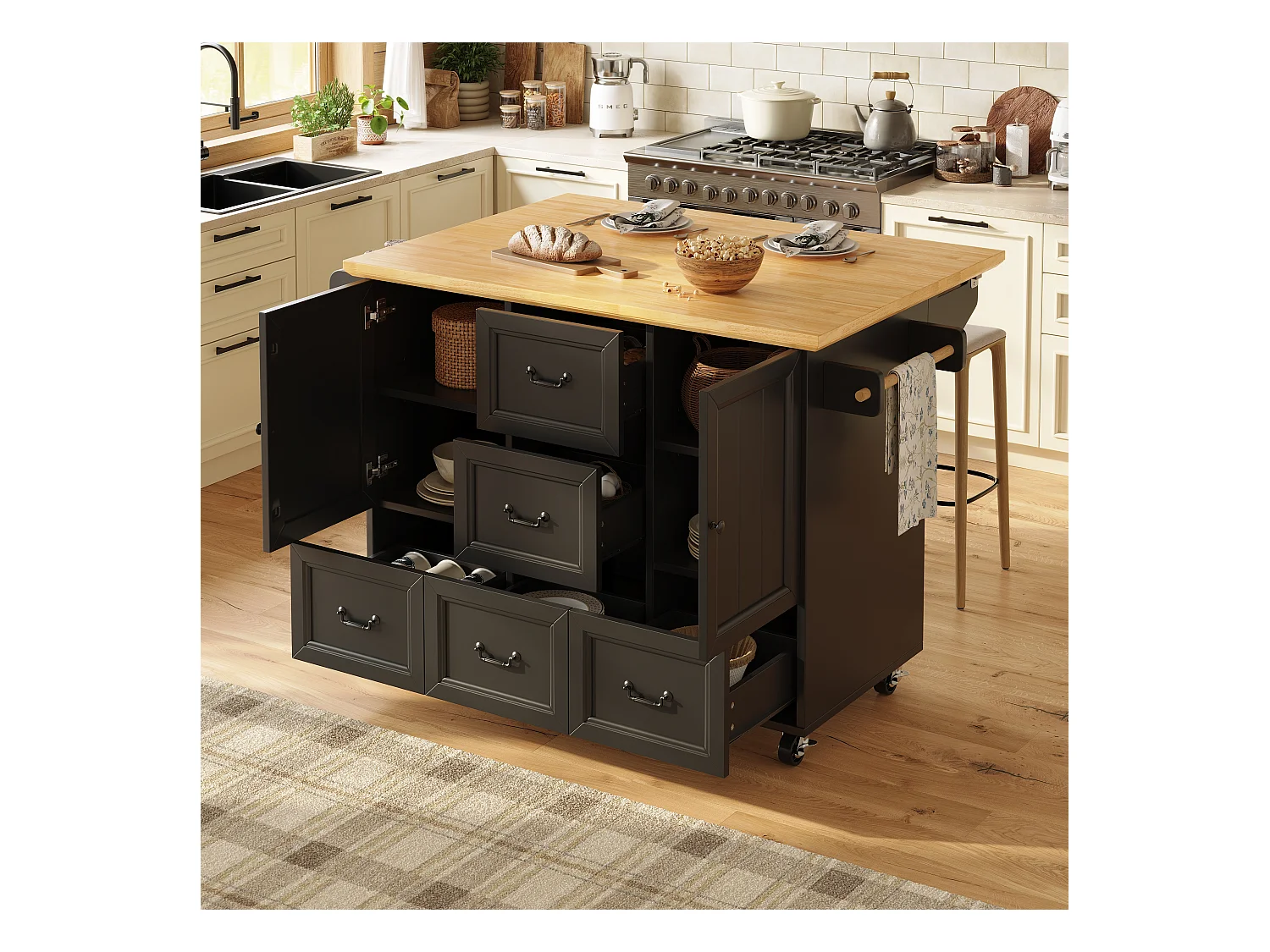 Îlot central extensible à roulettes - 120 x 73(45)x 93 cm - avec étagères + 2 portes + 3 tiroirs - MDF + métal - noir