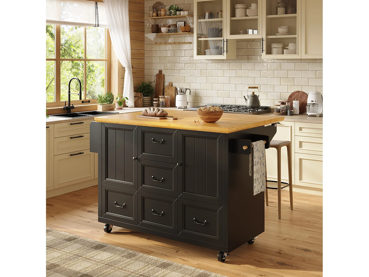 Îlot central extensible à roulettes - 120 x 73(45)x 93 cm - avec étagères + 2 portes + 3 tiroirs - MDF + métal - noir