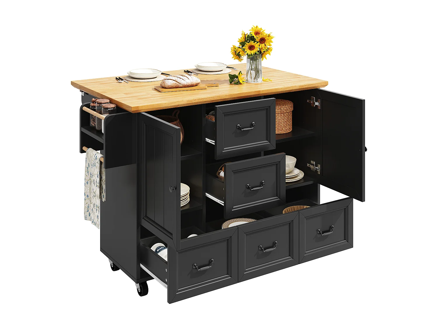 Îlot central extensible à roulettes - 120 x 73(45)x 93 cm - avec étagères + 2 portes + 3 tiroirs - MDF + métal - noir