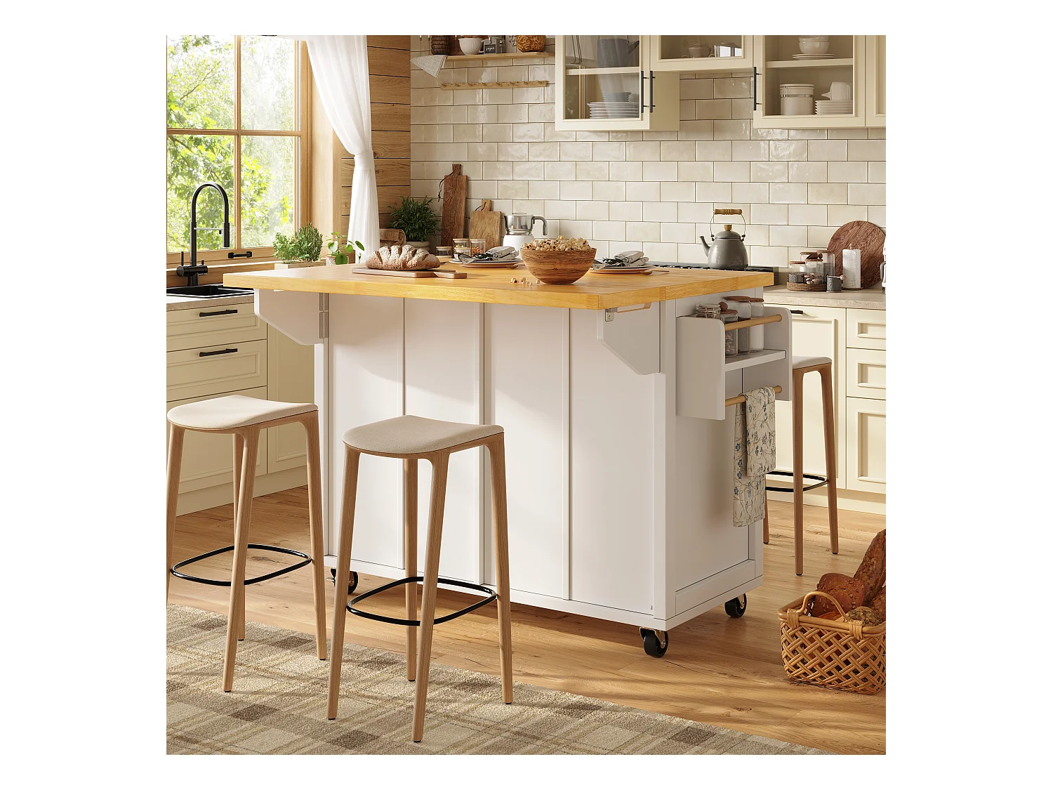 Îlot central extensible à roulettes - 140 x 73(45)x 93.5 cm - avec 4 portes + 2 tiroirs - MDF - blanc