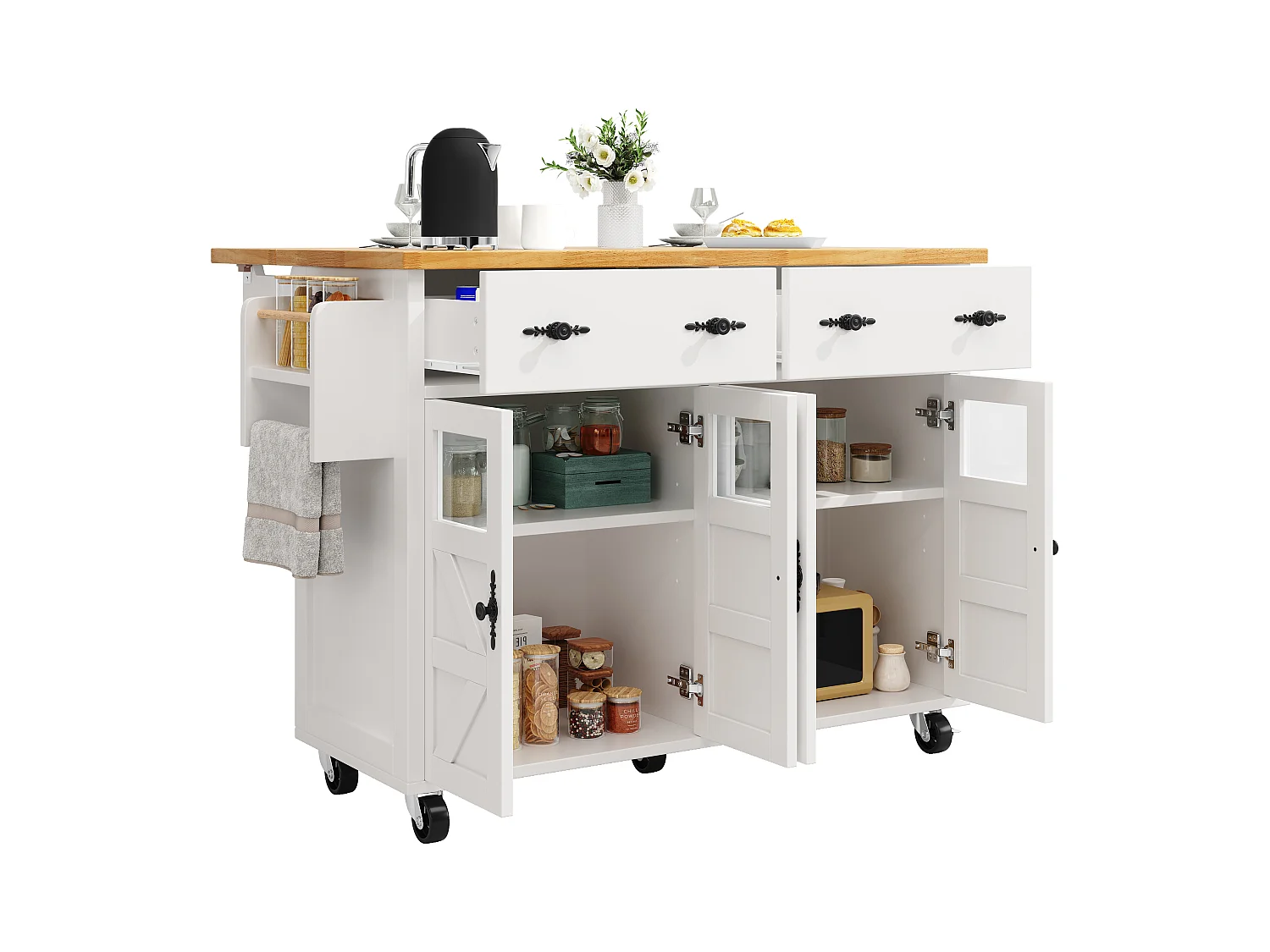 Îlot central extensible à roulettes - 140 x 73(45)x 93.5 cm - avec 4 portes + 2 tiroirs - MDF - blanc