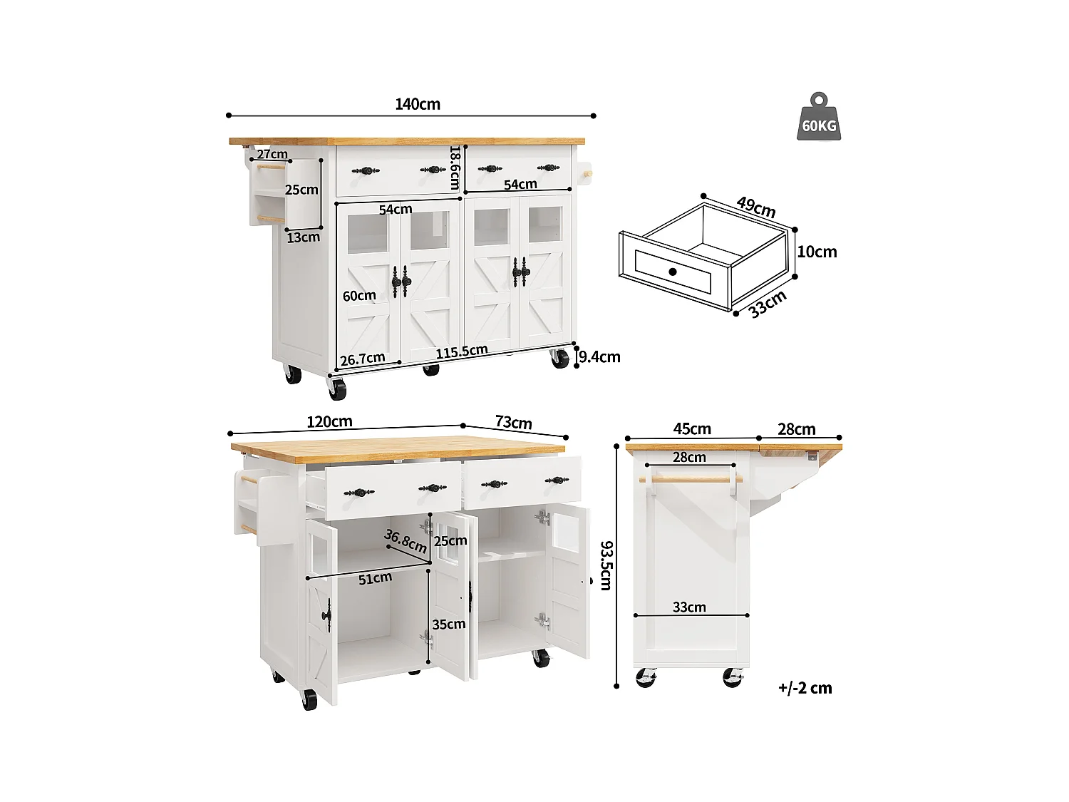 Îlot central extensible à roulettes - 140 x 73(45)x 93.5 cm - avec 4 portes + 2 tiroirs - MDF - blanc