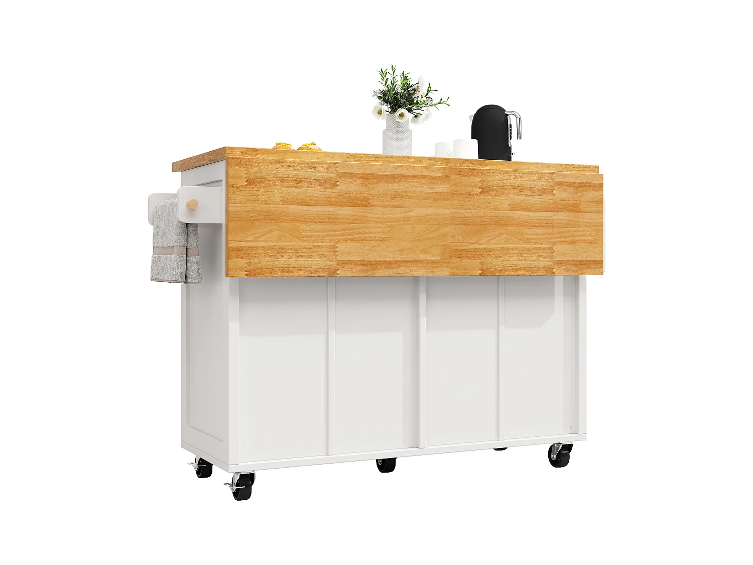 Îlot central extensible à roulettes - 140 x 73(45)x 93.5 cm - avec 4 portes + 2 tiroirs - MDF - blanc