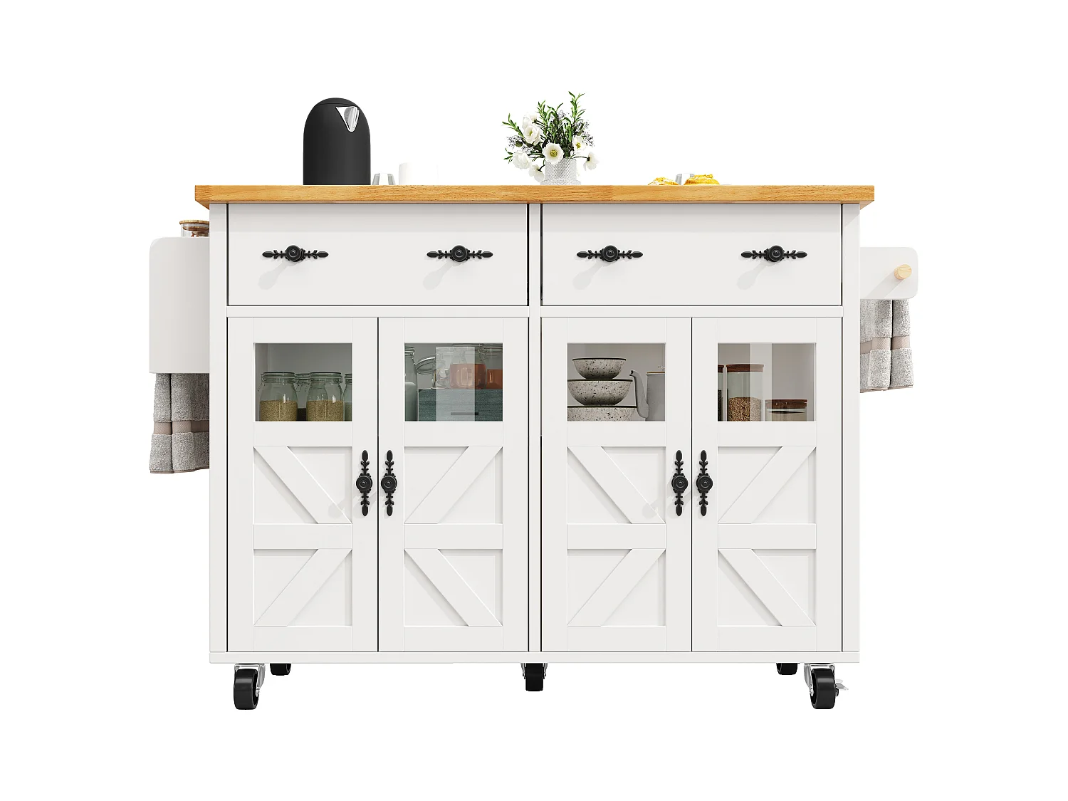 Îlot central extensible à roulettes - 140 x 73(45)x 93.5 cm - avec 4 portes + 2 tiroirs - MDF - blanc