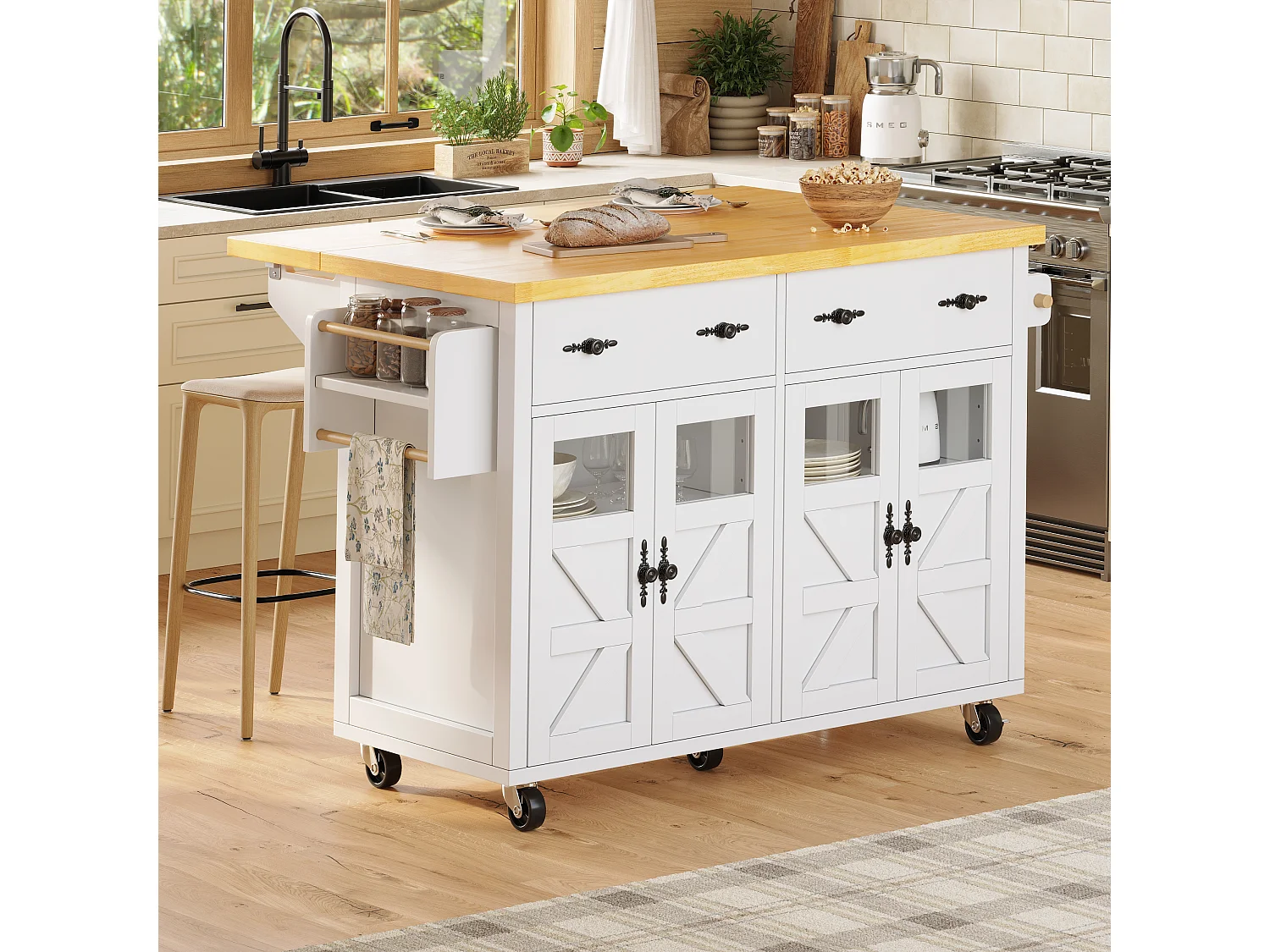 Îlot central extensible à roulettes - 140 x 73(45)x 93.5 cm - avec 4 portes + 2 tiroirs - MDF - blanc