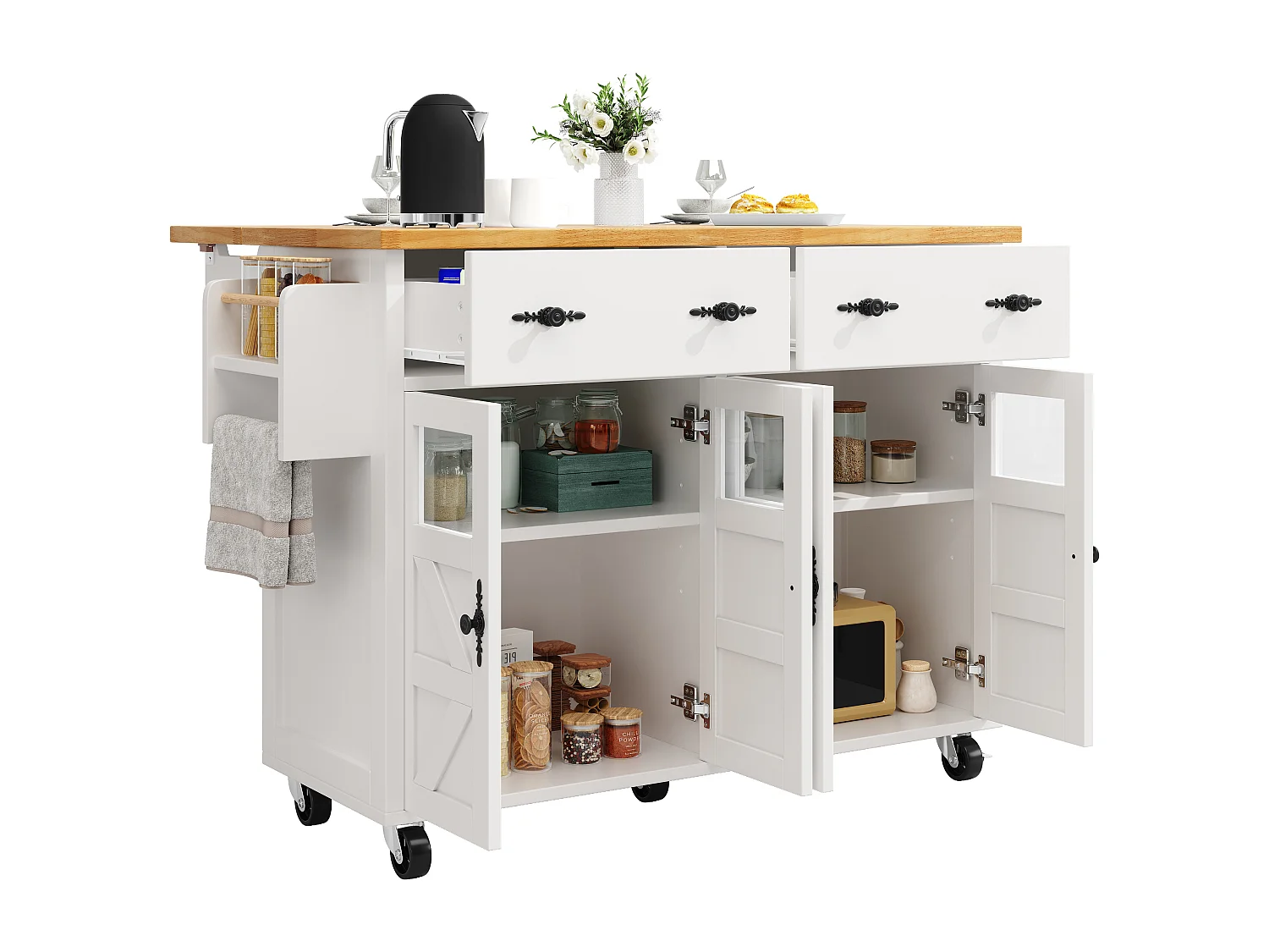 Îlot central extensible à roulettes - 140 x 73(45)x 93.5 cm - avec 4 portes + 2 tiroirs - MDF - blanc