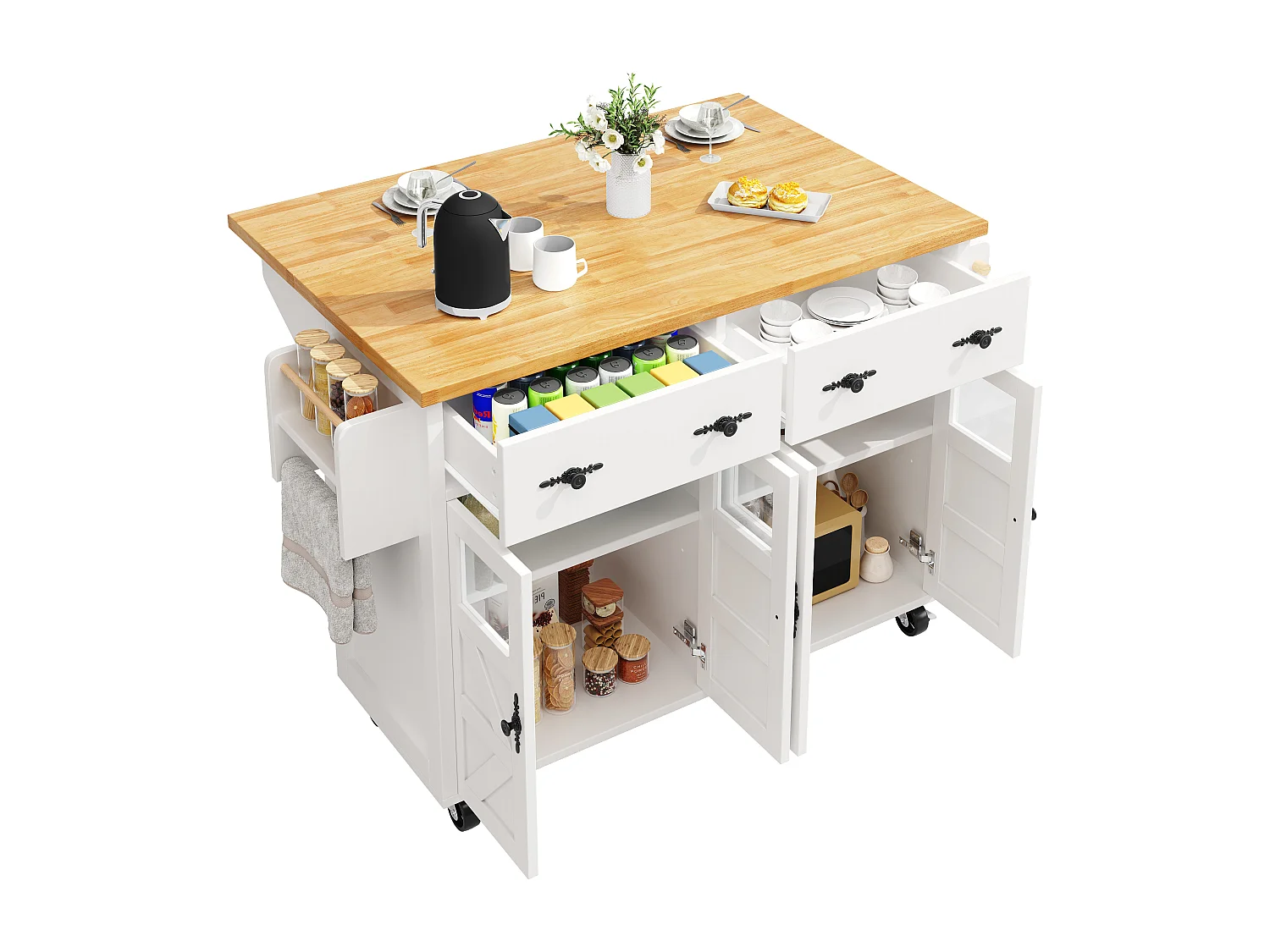 Îlot central extensible à roulettes - 140 x 73(45)x 93.5 cm - avec 4 portes + 2 tiroirs - MDF - blanc