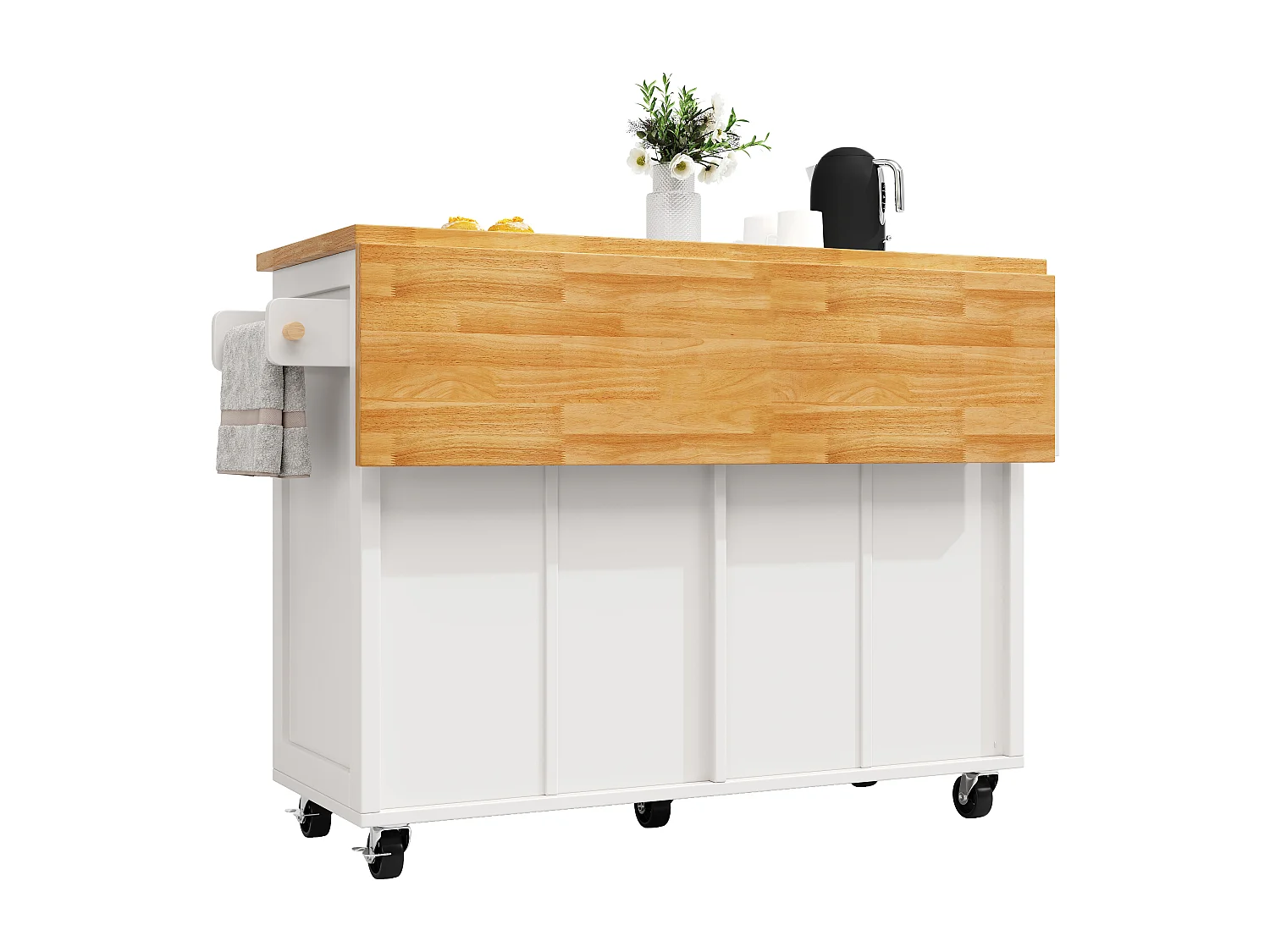 Îlot central extensible à roulettes - 140 x 73(45)x 93.5 cm - avec 4 portes + 2 tiroirs - MDF - blanc