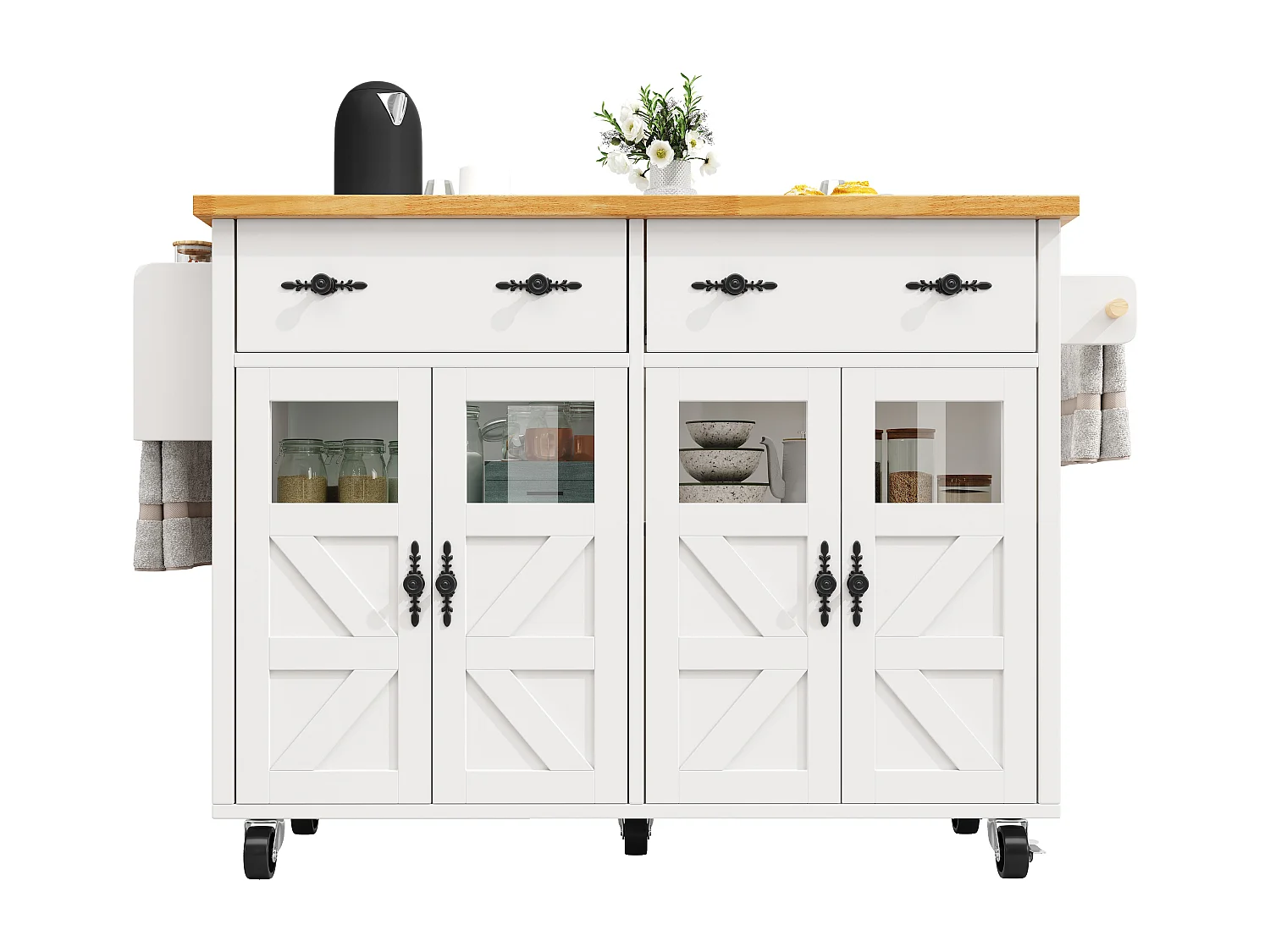 Îlot central extensible à roulettes - 140 x 73(45)x 93.5 cm - avec 4 portes + 2 tiroirs - MDF - blanc