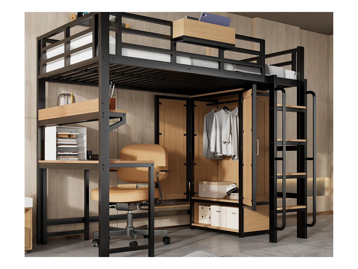 Lit mezzanine 90x200 cm - avec bureau et étagère de rangement - armoire à portes doubles - avec échelle - Métal + MDF - Noir + Naturel
