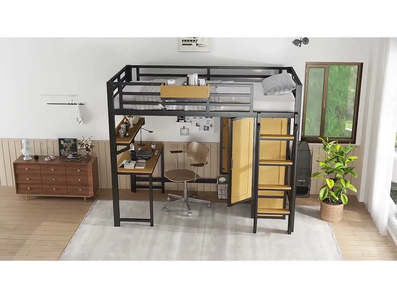 Lit mezzanine 90x200 cm - avec bureau et étagère de rangement - armoire à portes doubles - avec échelle - Métal + MDF - Noir + Naturel