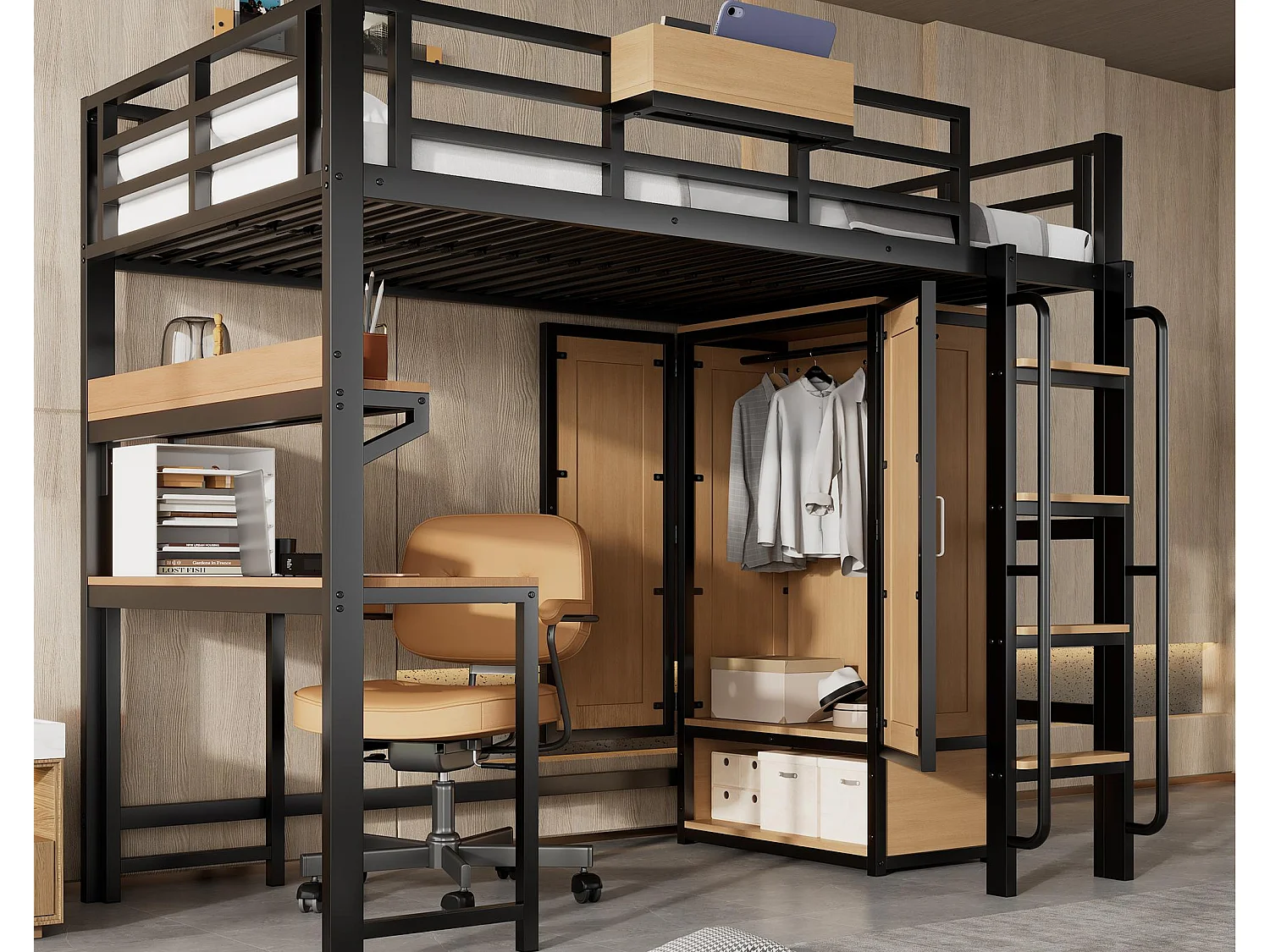 Lit mezzanine 90x200 cm - avec bureau et étagère de rangement - armoire à portes doubles - avec échelle - Métal + MDF - Noir + Naturel