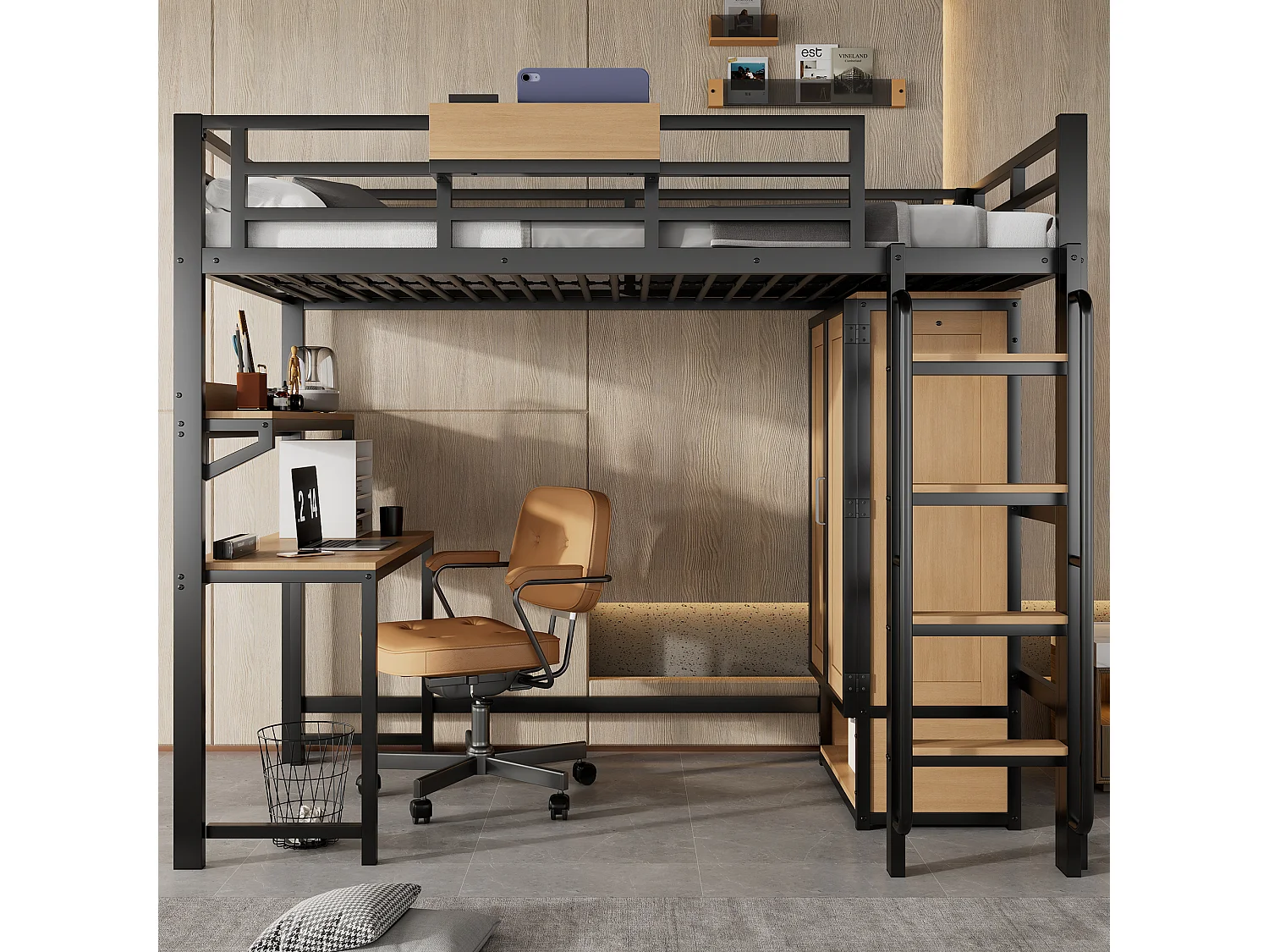 Lit mezzanine 90x200 cm - avec bureau et étagère de rangement - armoire à portes doubles - avec échelle - Métal + MDF - Noir + Naturel