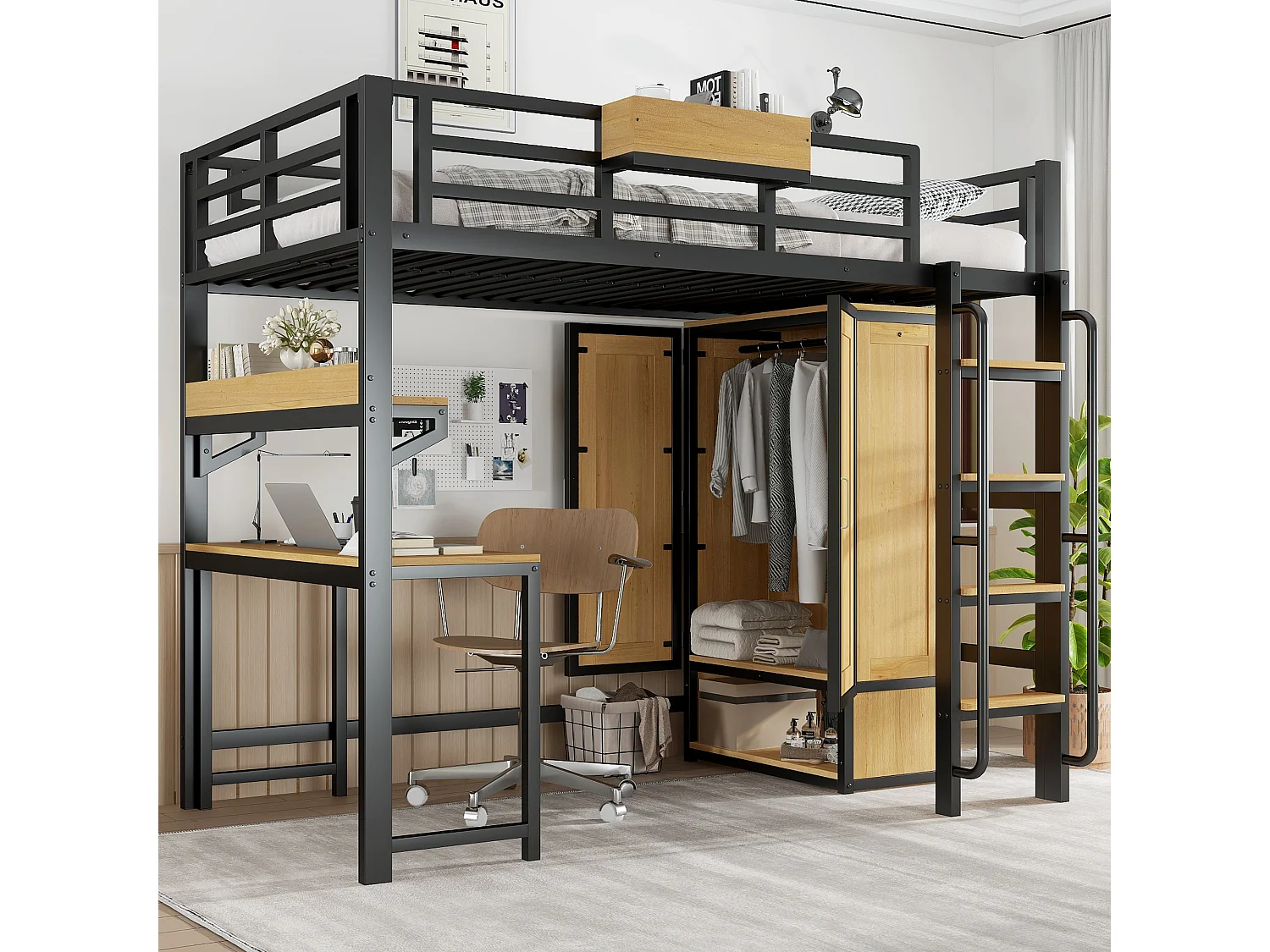 Lit mezzanine 90x200 cm - avec bureau et étagère de rangement - armoire à portes doubles - avec échelle - Métal + MDF - Noir + Naturel