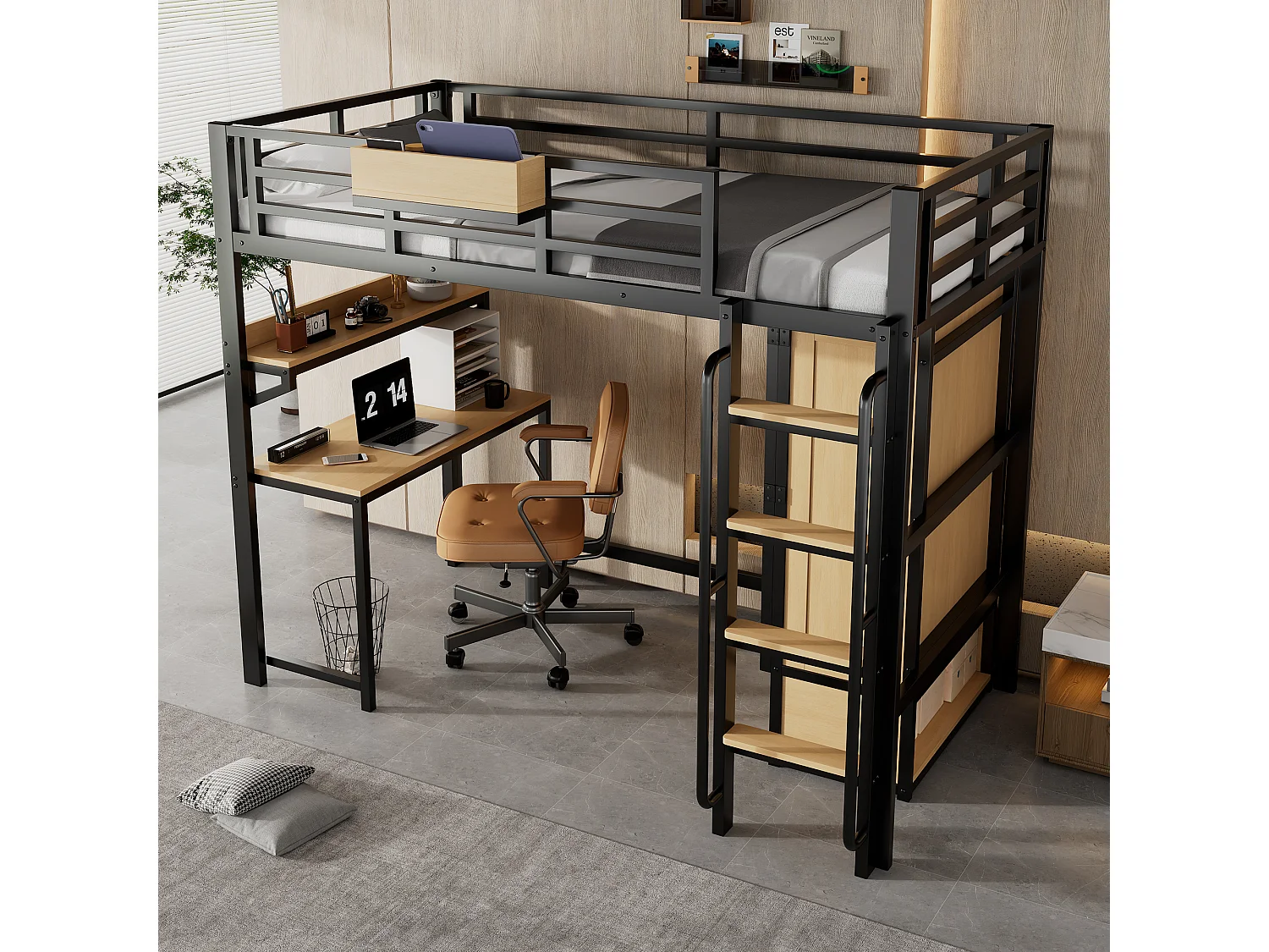 Lit mezzanine 90x200 cm - avec bureau et étagère de rangement - armoire à portes doubles - avec échelle - Métal + MDF - Noir + Naturel