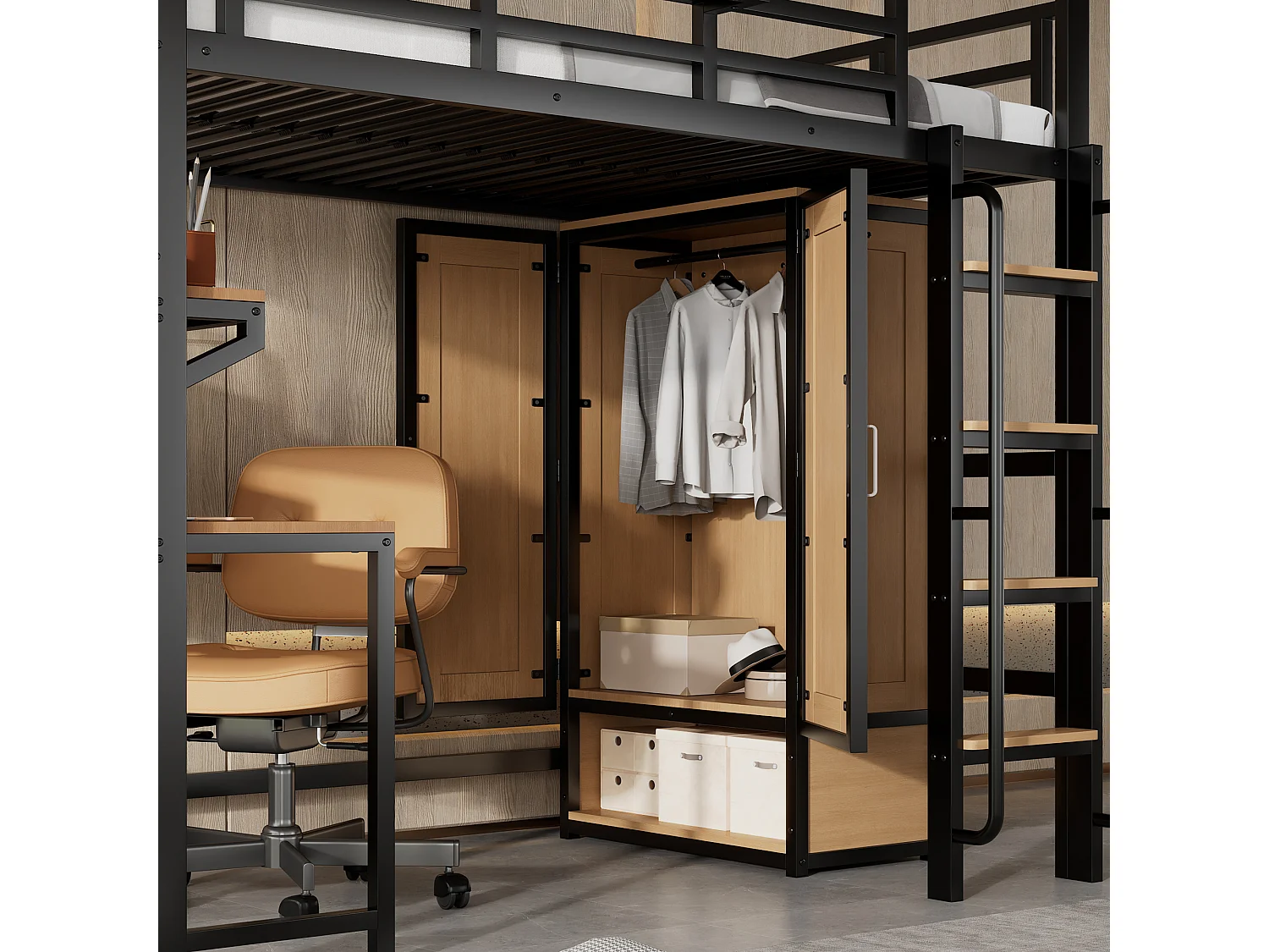 Lit mezzanine 90x200 cm - avec bureau et étagère de rangement - armoire à portes doubles - avec échelle - Métal + MDF - Noir + Naturel