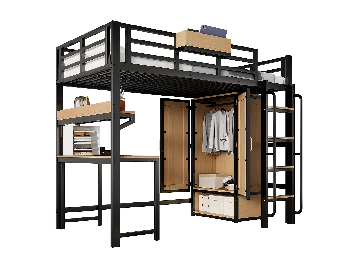 Lit mezzanine 90x200 cm - avec bureau et étagère de rangement - armoire à portes doubles - avec échelle - Métal + MDF - Noir + Naturel