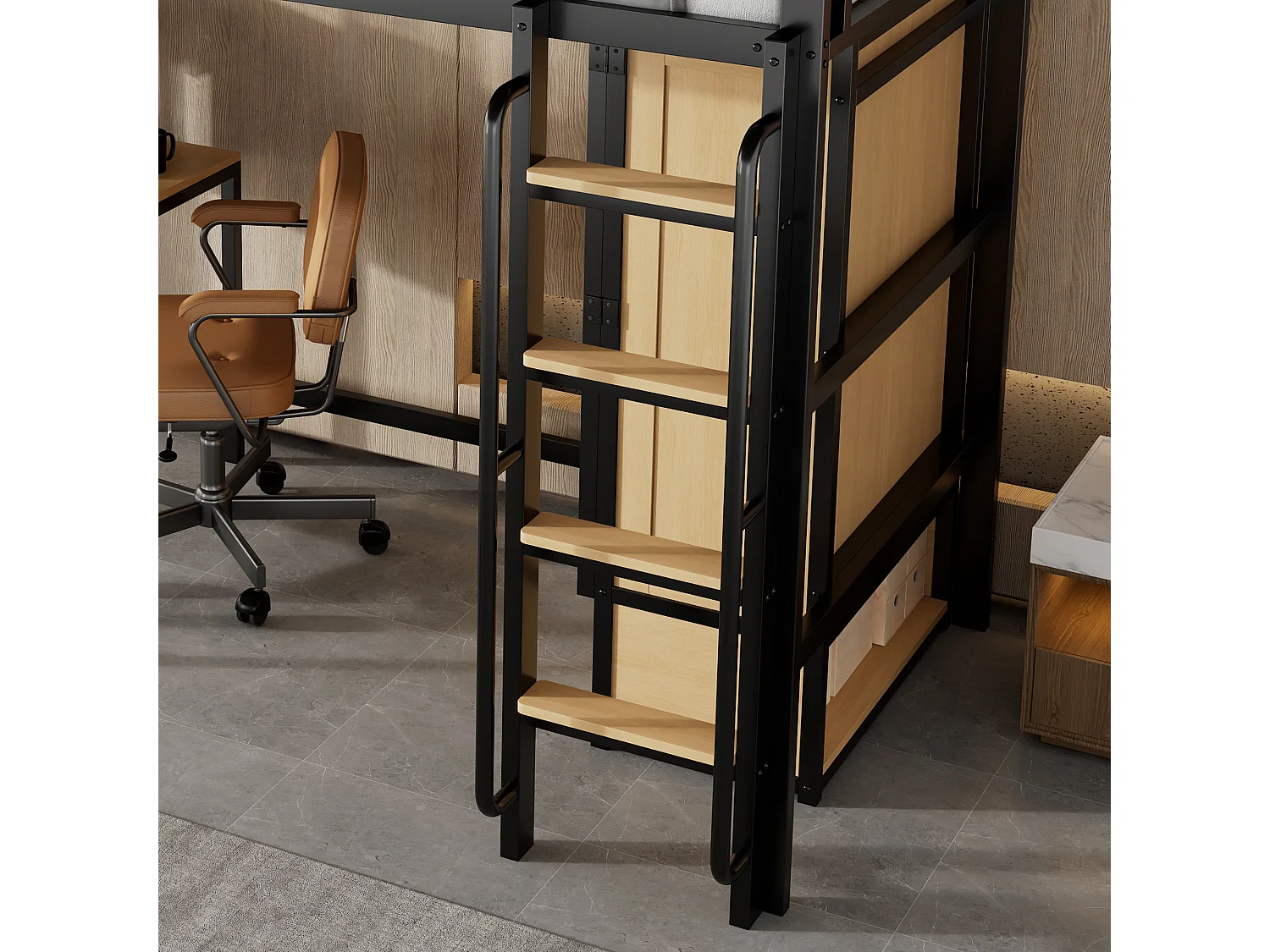 Lit mezzanine 90x200 cm - avec bureau et étagère de rangement - armoire à portes doubles - avec échelle - Métal + MDF - Noir + Naturel