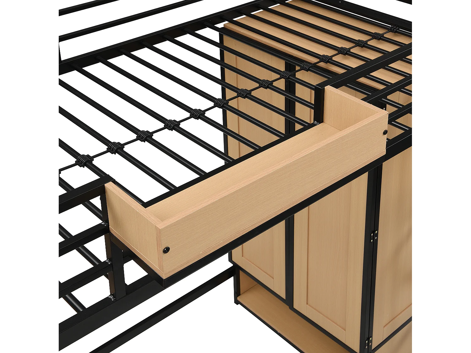 Lit mezzanine 90x200 cm - avec bureau et étagère de rangement - armoire à portes doubles - avec échelle - Métal + MDF - Noir + Naturel
