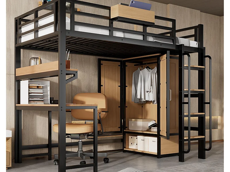 Lit mezzanine 90x200 cm - avec bureau et étagère de rangement - armoire à portes doubles - avec échelle - Métal + MDF - Noir + Naturel