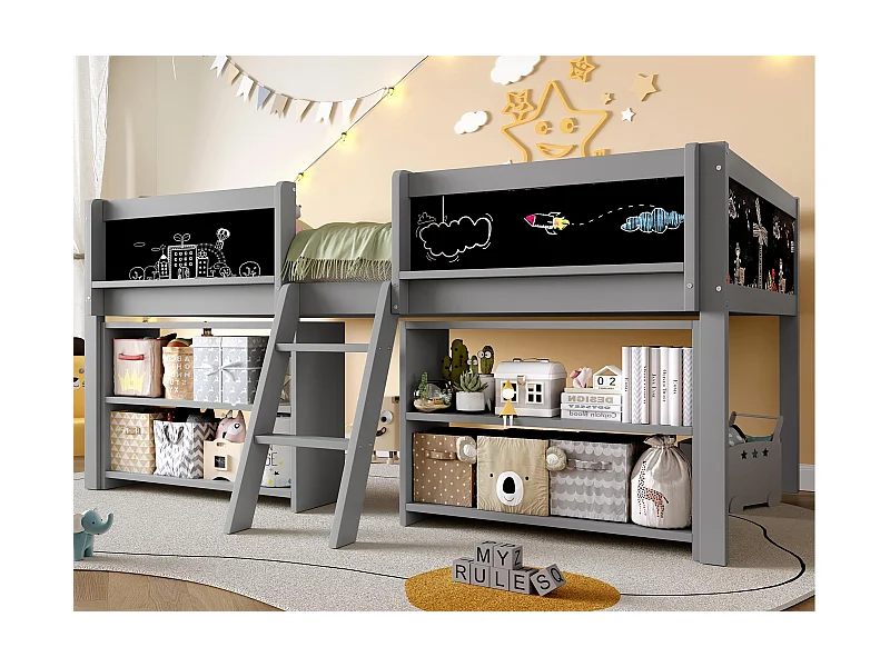 Lit enfant 90x200 cm - avec étagère de rangement - avec barrières + échelle - gris (matelas non inclus)