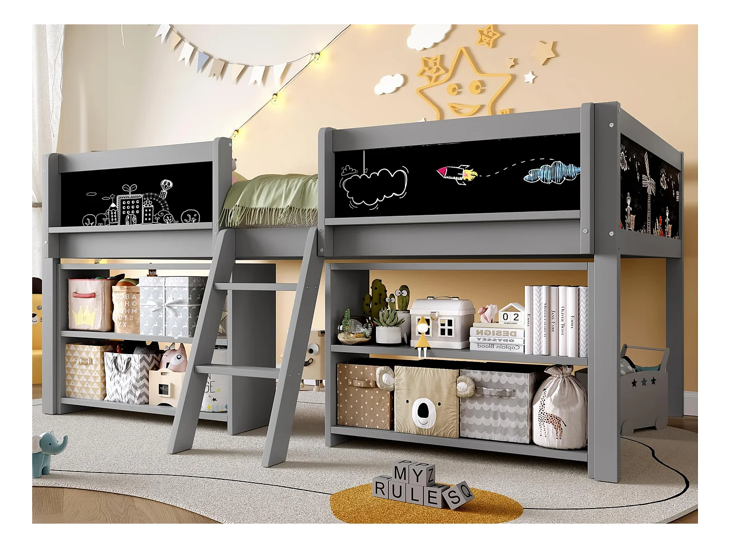 Lit enfant 90x200 cm - avec étagère de rangement - avec barrières + échelle - gris (matelas non inclus)