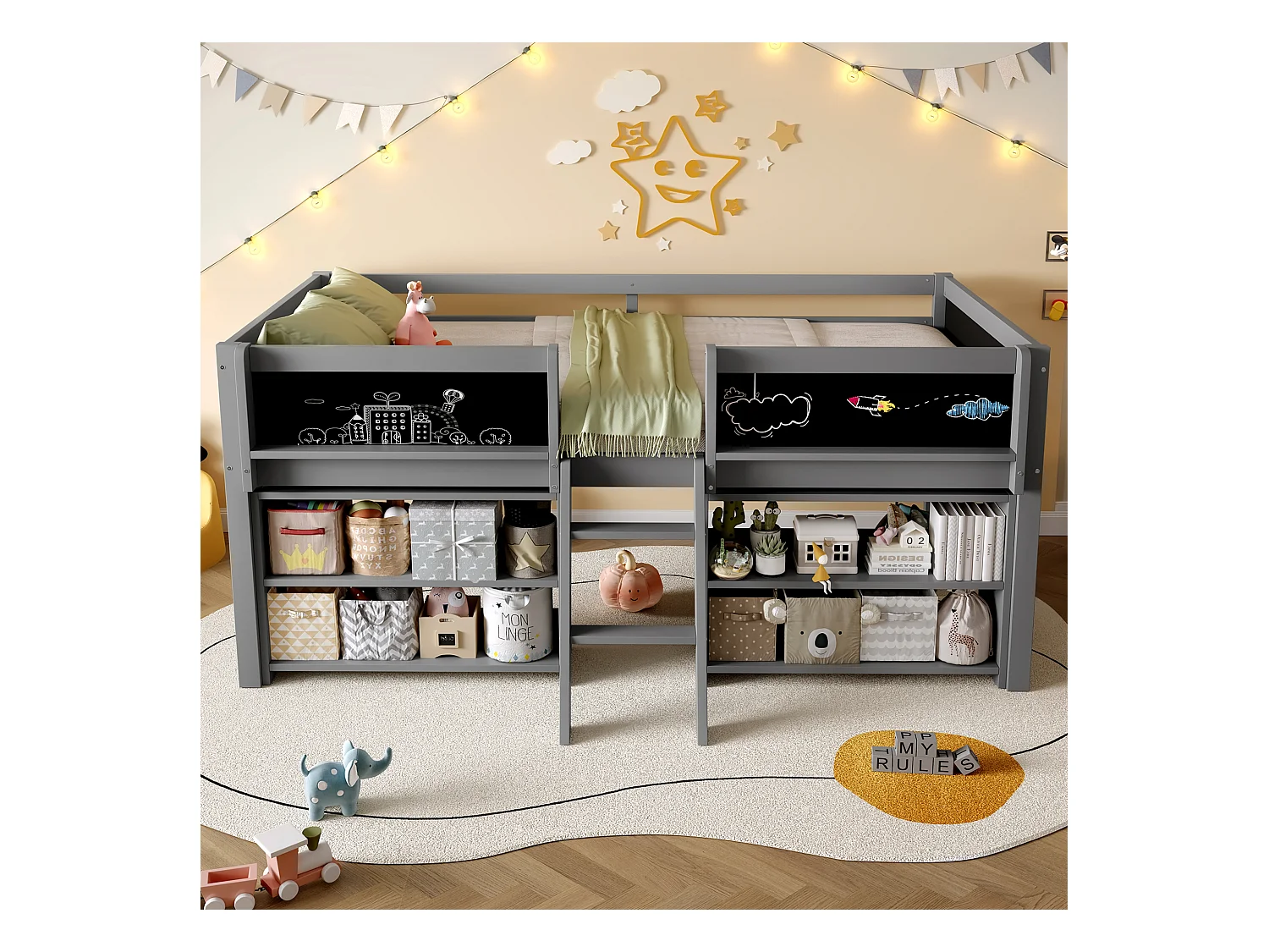 Lit enfant 90x200 cm - avec étagère de rangement - avec barrières + échelle - gris (matelas non inclus)