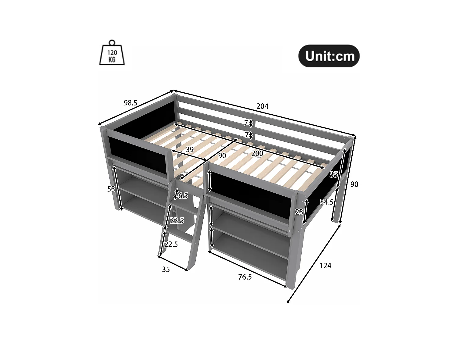 Lit enfant 90x200 cm - avec étagère de rangement - avec barrières + échelle - gris (matelas non inclus)