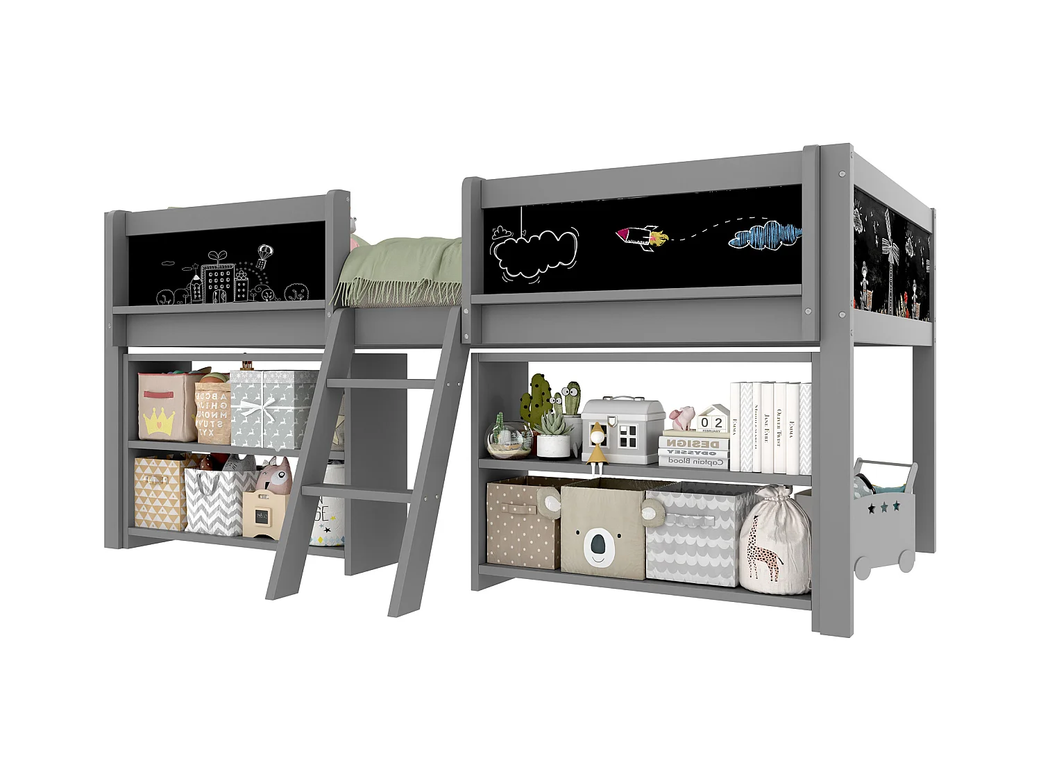 Lit enfant 90x200 cm - avec étagère de rangement - avec barrières + échelle - gris (matelas non inclus)