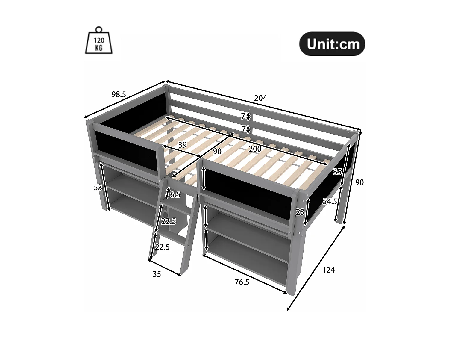 Lit enfant 90x200 cm - avec étagère de rangement - avec barrières + échelle - gris (matelas non inclus)