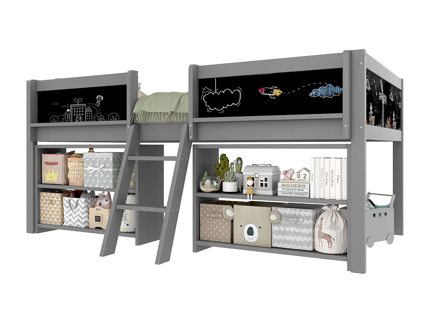 Lit enfant 90x200 cm - avec étagère de rangement - avec barrières + échelle - gris (matelas non inclus)