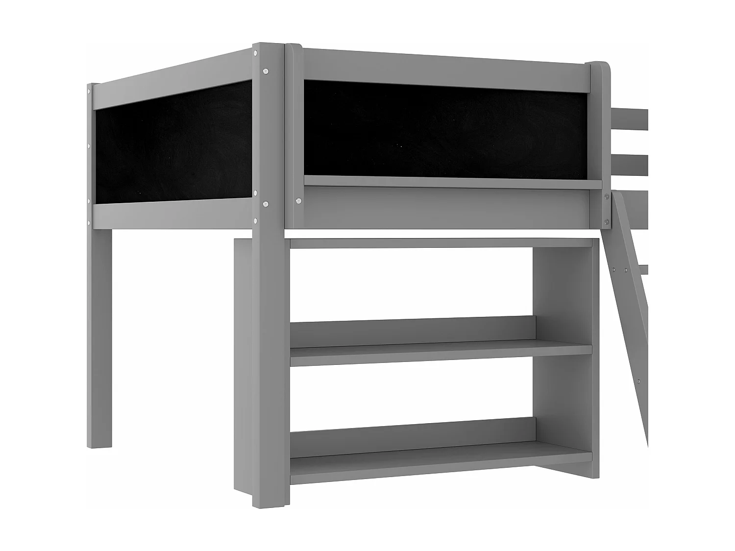 Lit enfant 90x200 cm - avec étagère de rangement - avec barrières + échelle - gris (matelas non inclus)