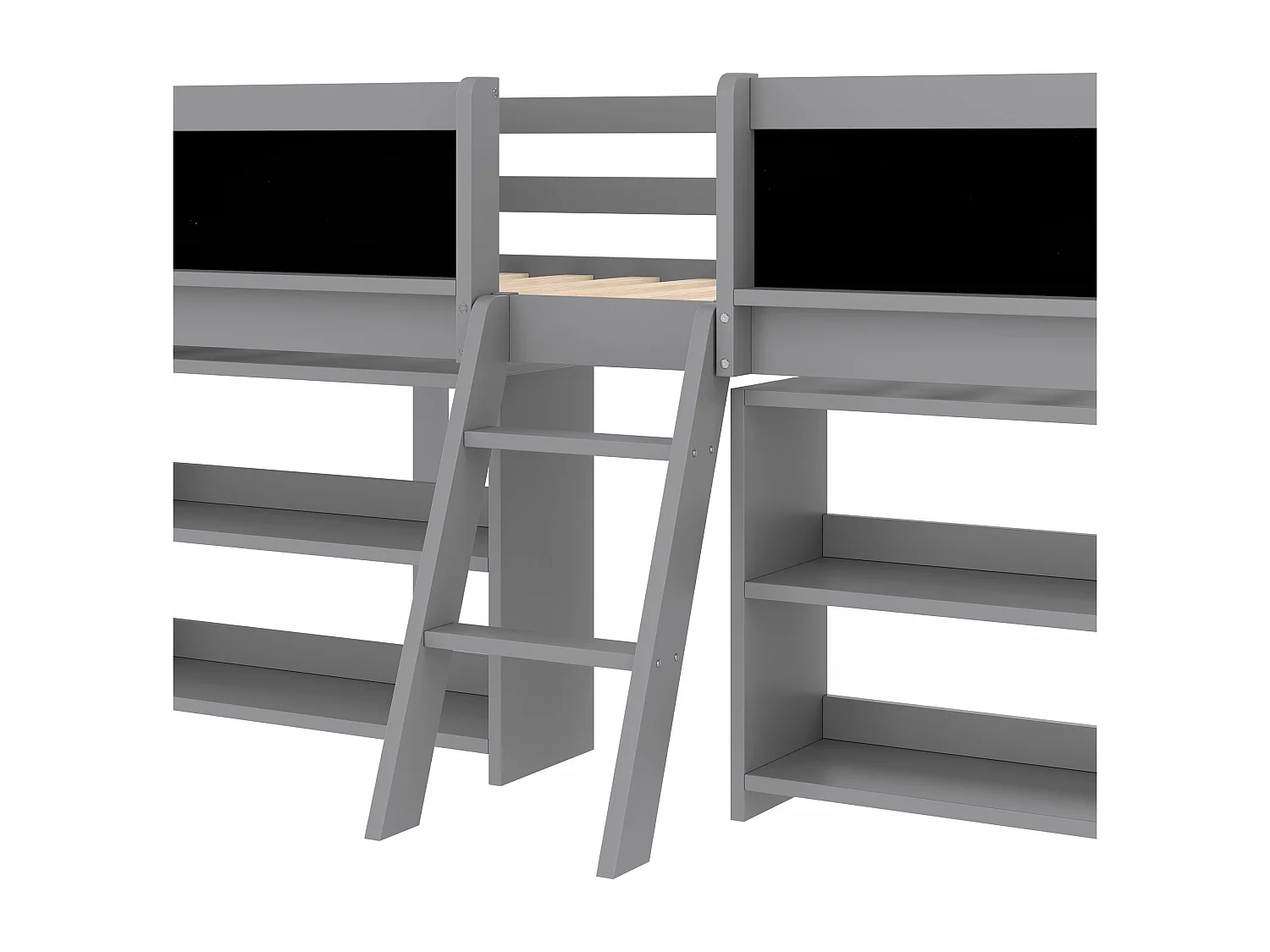 Lit enfant 90x200 cm - avec étagère de rangement - avec barrières + échelle - gris (matelas non inclus)