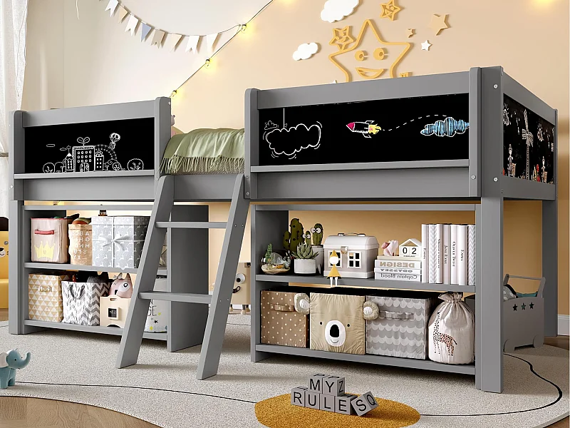 Lit enfant 90x200 cm - avec étagère de rangement - avec barrières + échelle - gris (matelas non inclus)