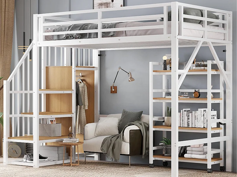 Lit mezzanine 90x200 cm - avec étagère de rangement et roulettes - avec cintre et échelle - Métal + MDF - Blanc + Naturel