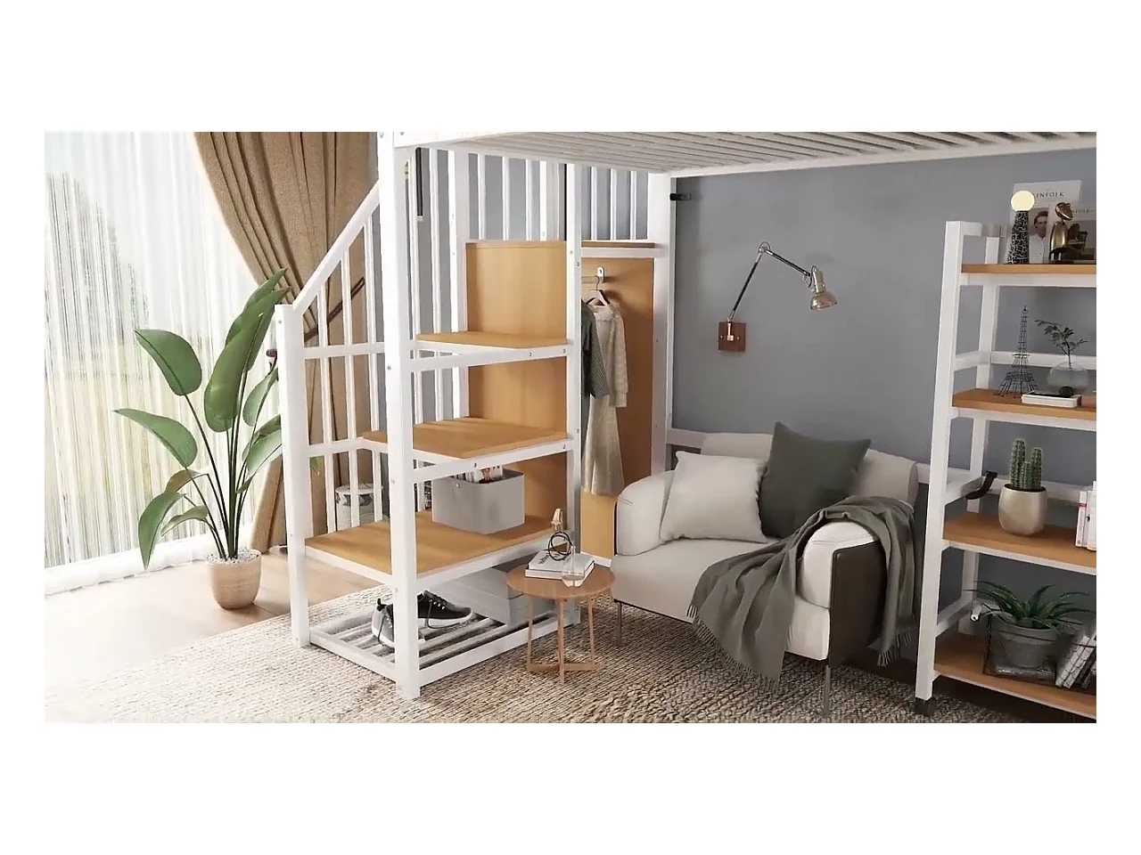 Lit mezzanine 90x200 cm - avec étagère de rangement et roulettes - avec cintre et échelle - Métal + MDF - Blanc + Naturel