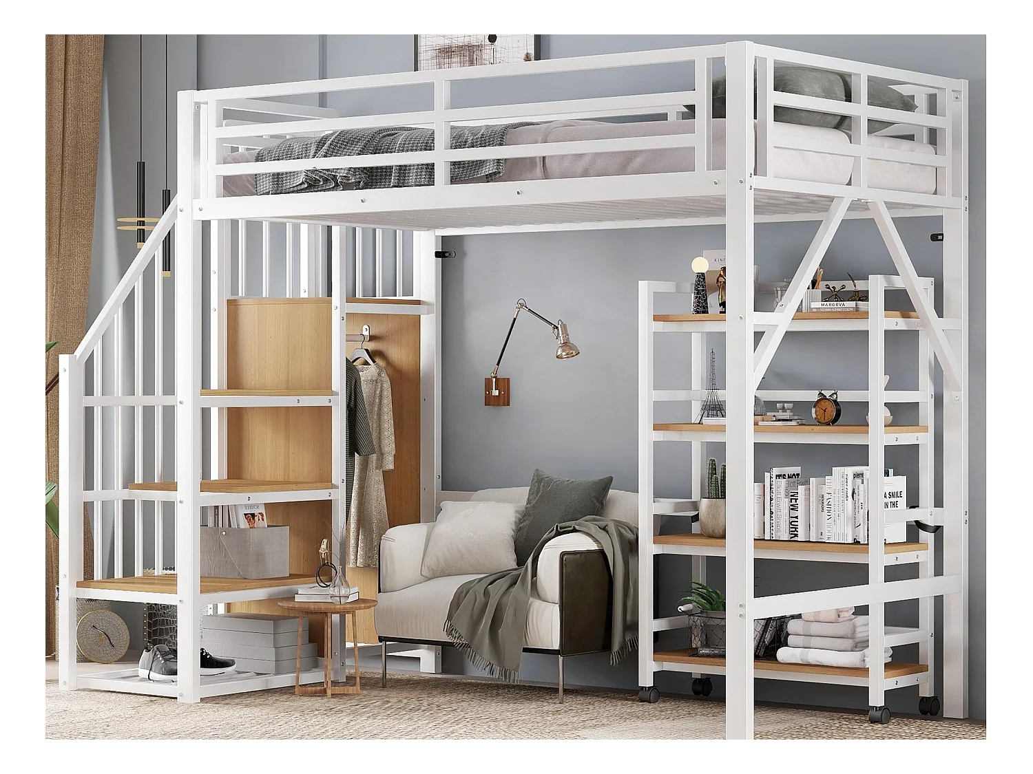 Lit mezzanine 90x200 cm - avec étagère de rangement et roulettes - avec cintre et échelle - Métal + MDF - Blanc + Naturel