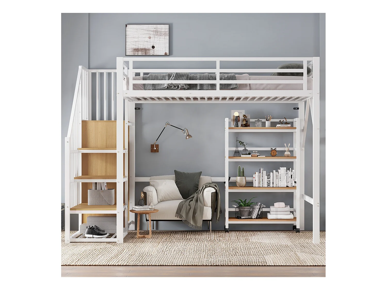 Lit mezzanine 90x200 cm - avec étagère de rangement et roulettes - avec cintre et échelle - Métal + MDF - Blanc + Naturel