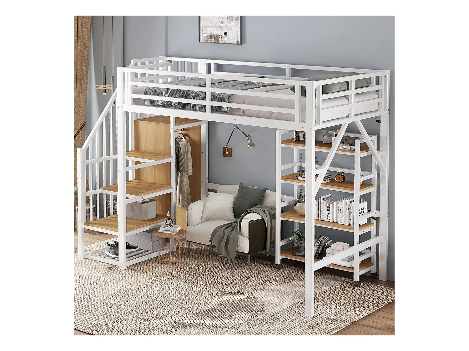 Lit mezzanine 90x200 cm - avec étagère de rangement et roulettes - avec cintre et échelle - Métal + MDF - Blanc + Naturel