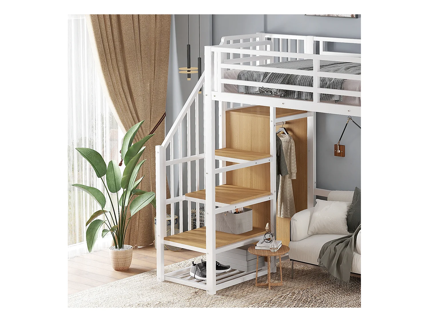 Lit mezzanine 90x200 cm - avec étagère de rangement et roulettes - avec cintre et échelle - Métal + MDF - Blanc + Naturel