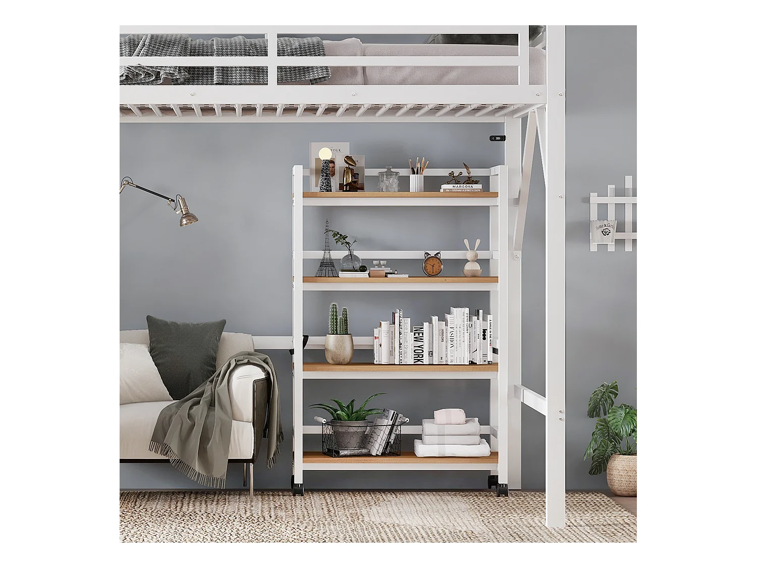 Lit mezzanine 90x200 cm - avec étagère de rangement et roulettes - avec cintre et échelle - Métal + MDF - Blanc + Naturel