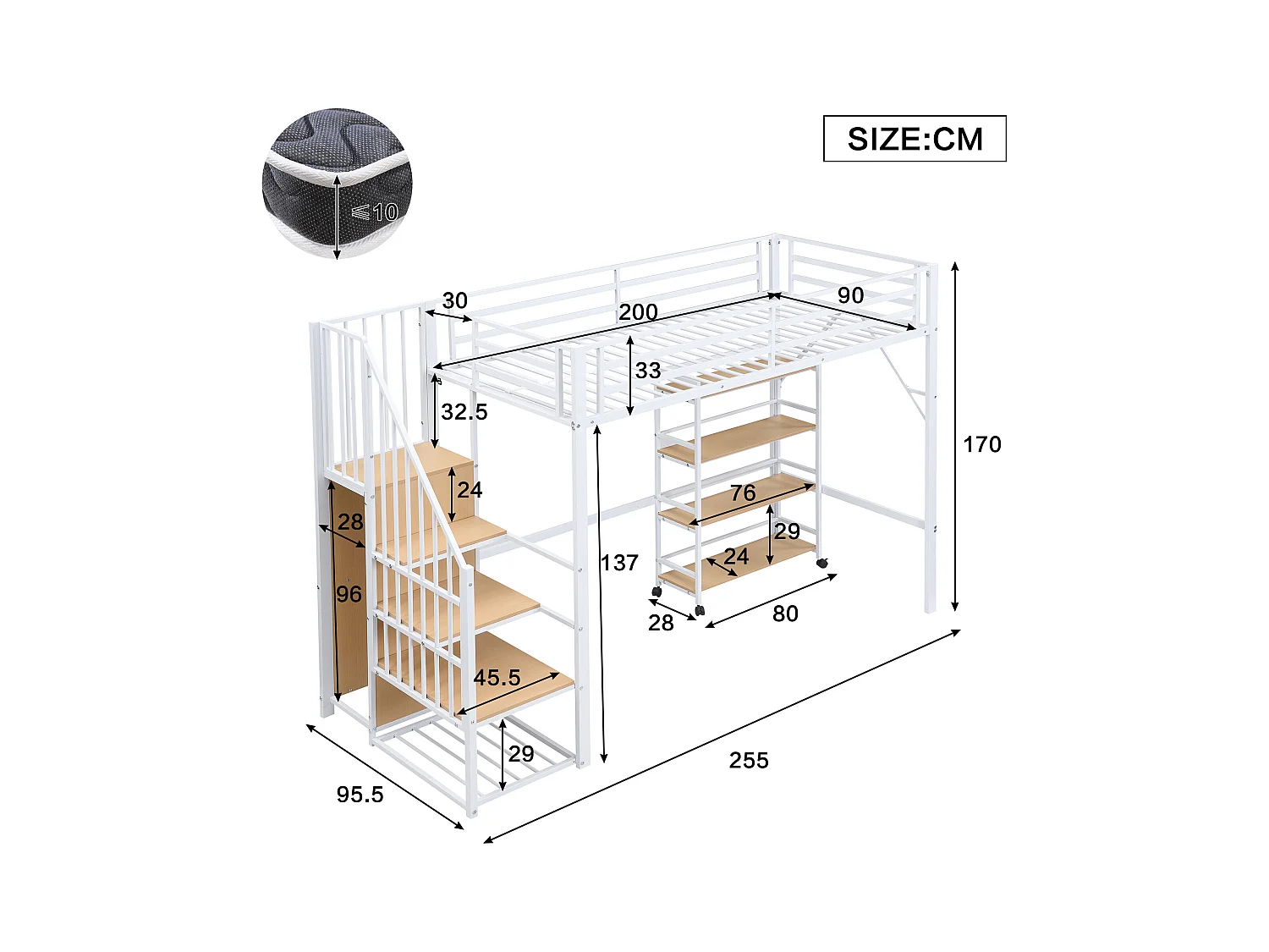Lit mezzanine 90x200 cm - avec étagère de rangement et roulettes - avec cintre et échelle - Métal + MDF - Blanc + Naturel