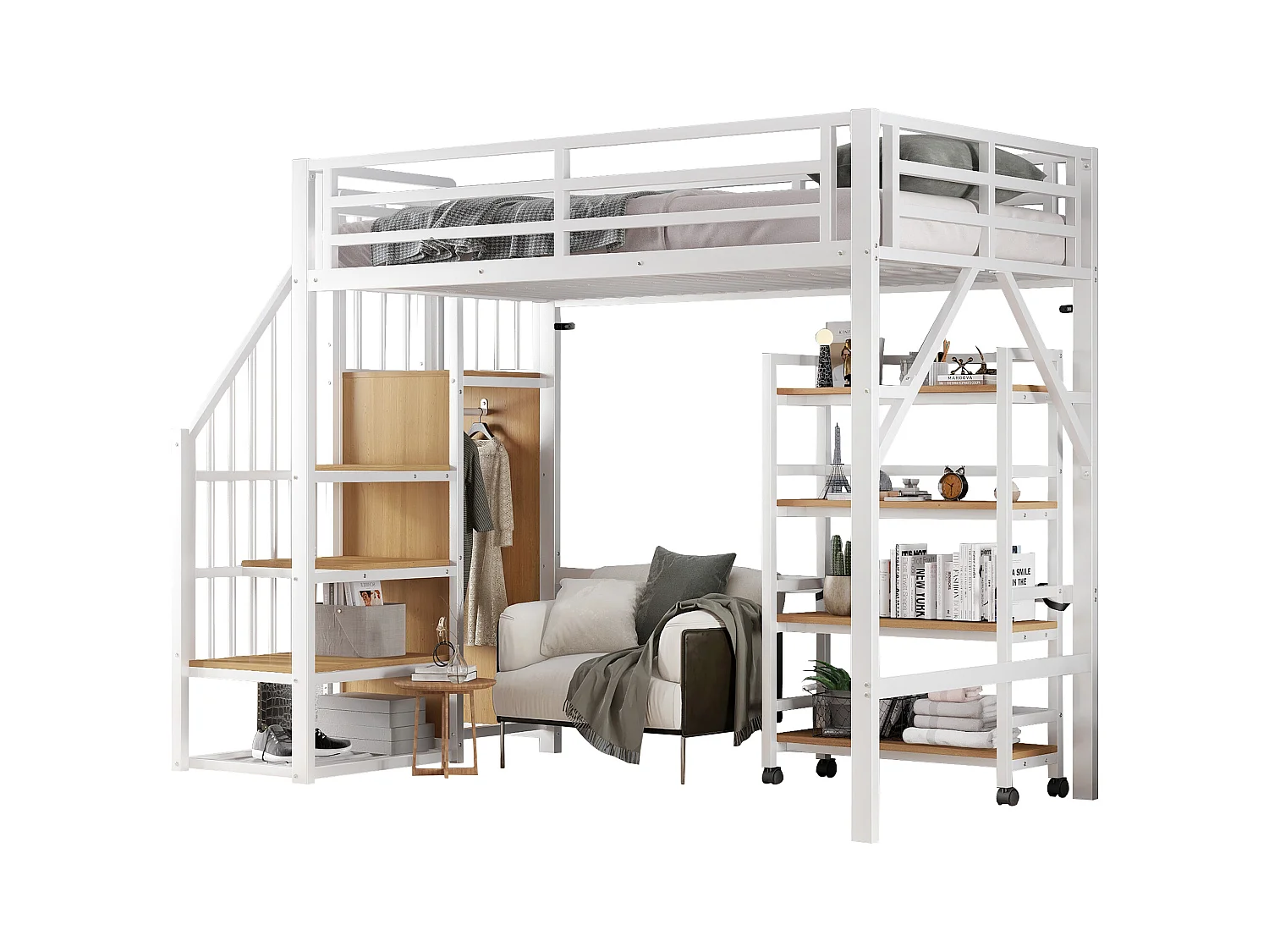 Lit mezzanine 90x200 cm - avec étagère de rangement et roulettes - avec cintre et échelle - Métal + MDF - Blanc + Naturel