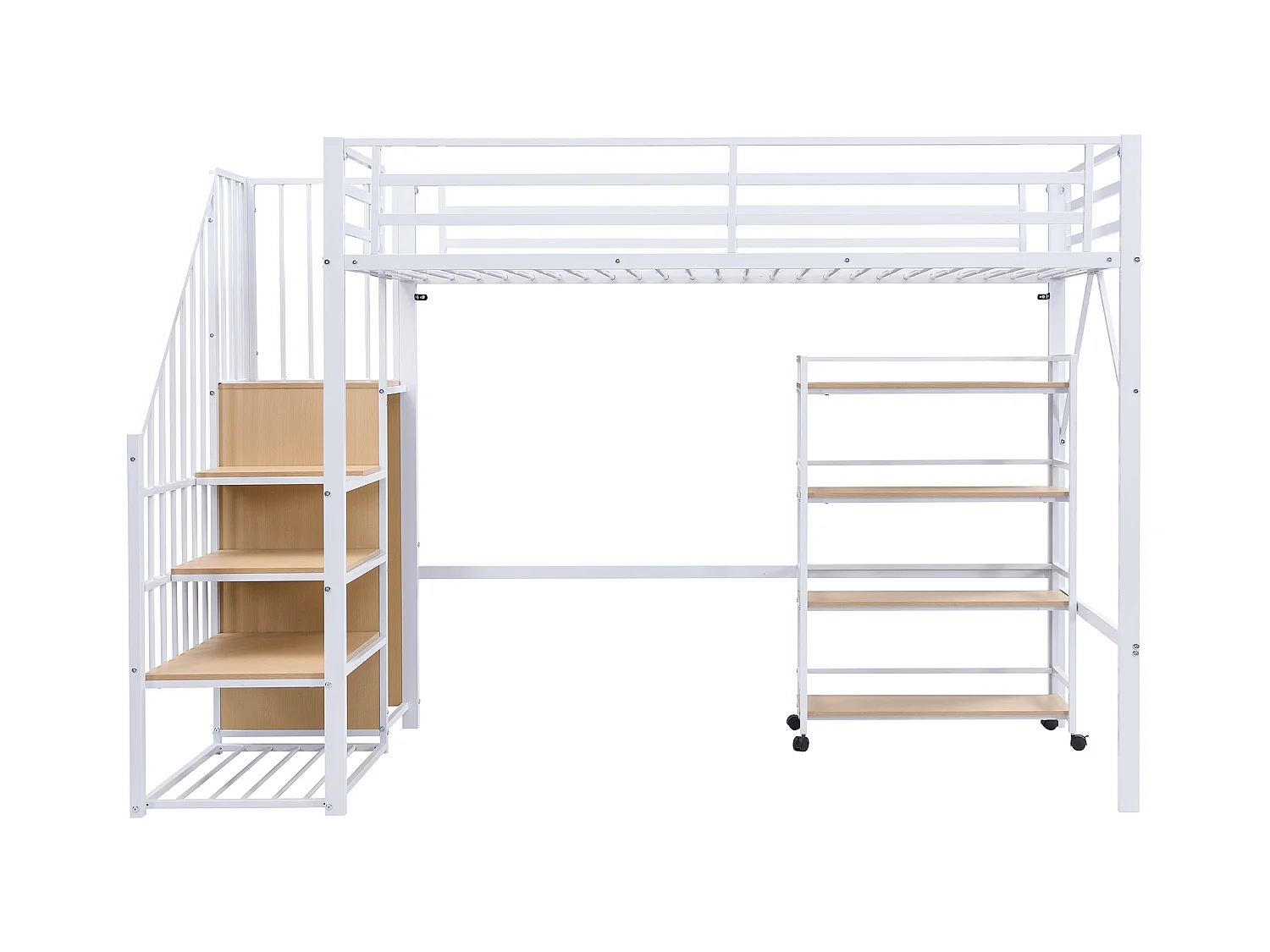 Lit mezzanine 90x200 cm - avec étagère de rangement et roulettes - avec cintre et échelle - Métal + MDF - Blanc + Naturel