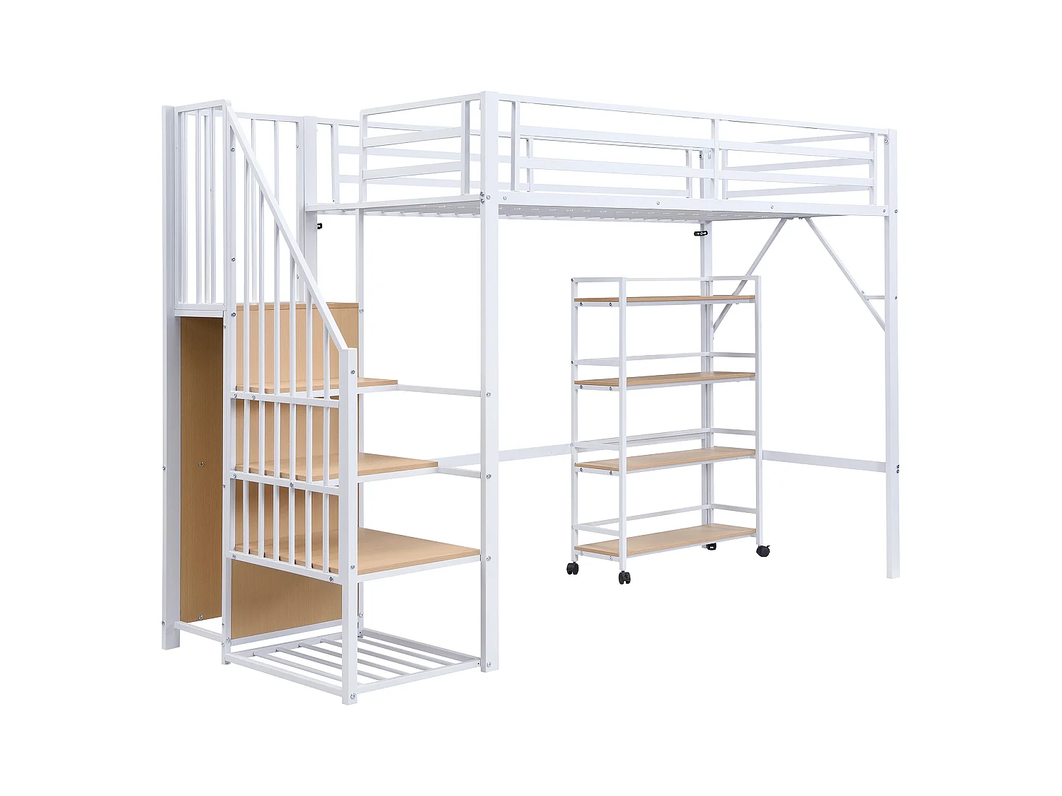 Lit mezzanine 90x200 cm - avec étagère de rangement et roulettes - avec cintre et échelle - Métal + MDF - Blanc + Naturel