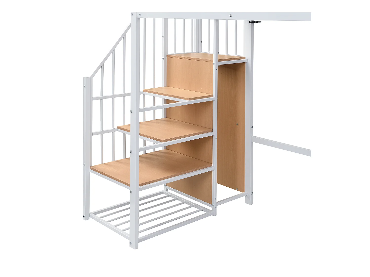 Lit mezzanine 90x200 cm - avec étagère de rangement et roulettes - avec cintre et échelle - Métal + MDF - Blanc + Naturel