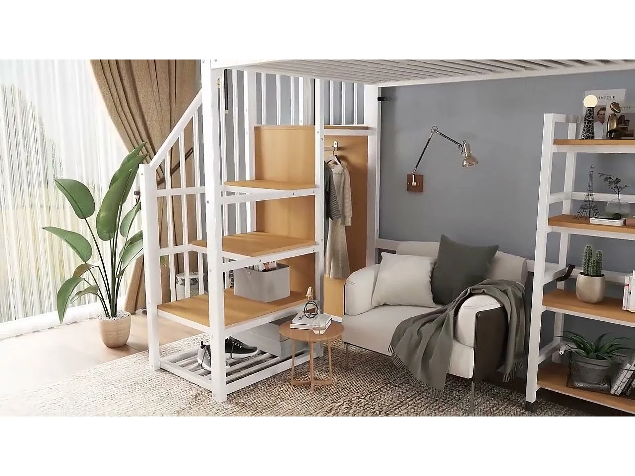 Hochbett 90x200 cm - mit Ablageregal und Rollen - mit Kleiderstange und Leiter - Metall + MDF - Weiß + Natur