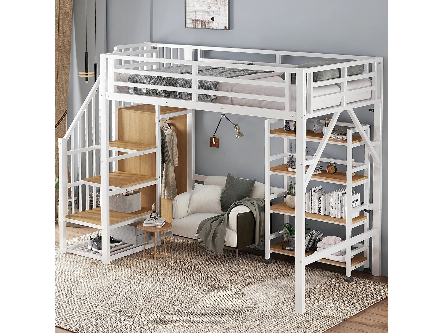 Hochbett 90x200 cm - mit Ablageregal und Rollen - mit Kleiderstange und Leiter - Metall + MDF - Weiß + Natur