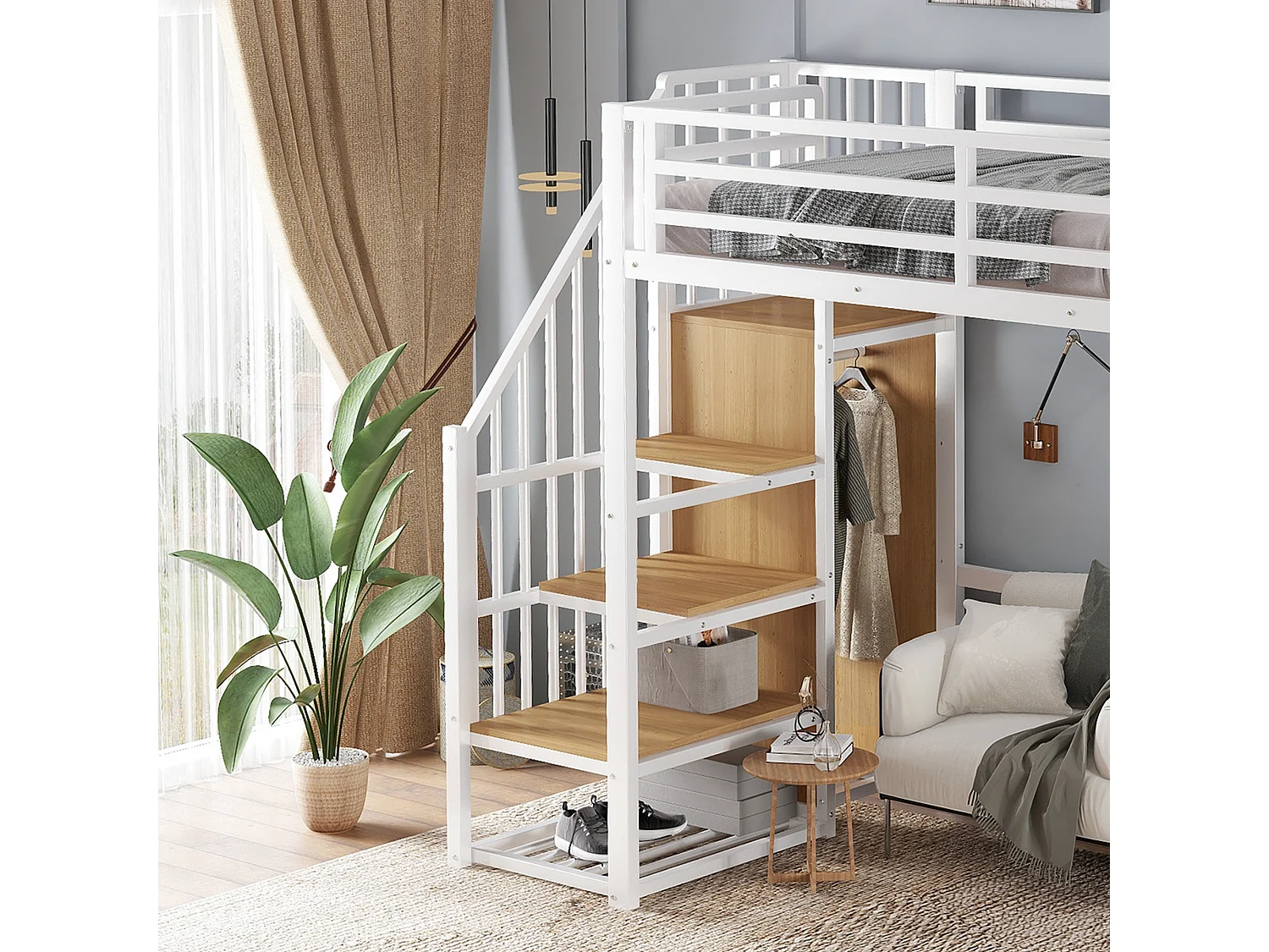 Hochbett 90x200 cm - mit Ablageregal und Rollen - mit Kleiderstange und Leiter - Metall + MDF - Weiß + Natur